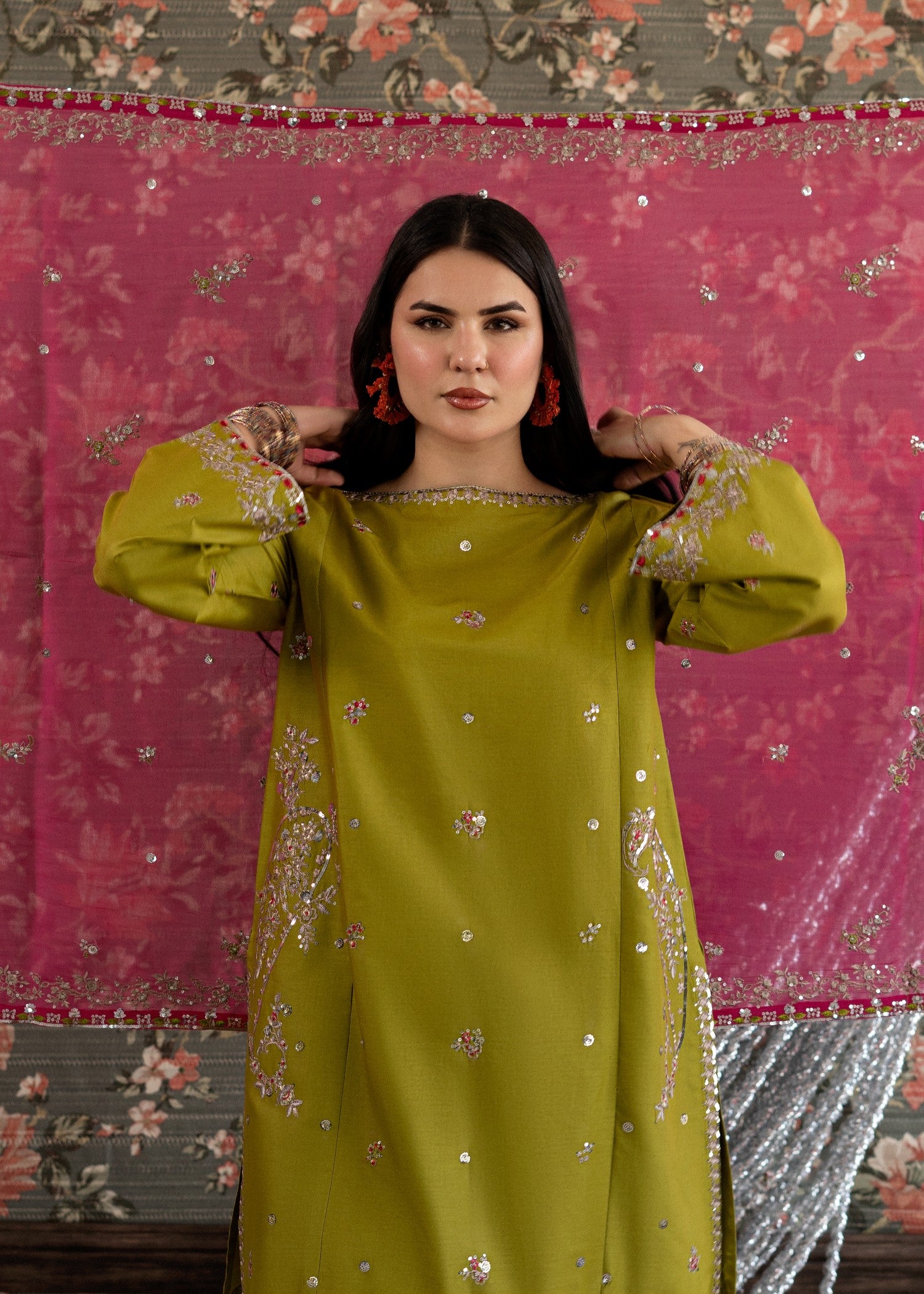 lawn Kurta Set in Shocking pink, olive green