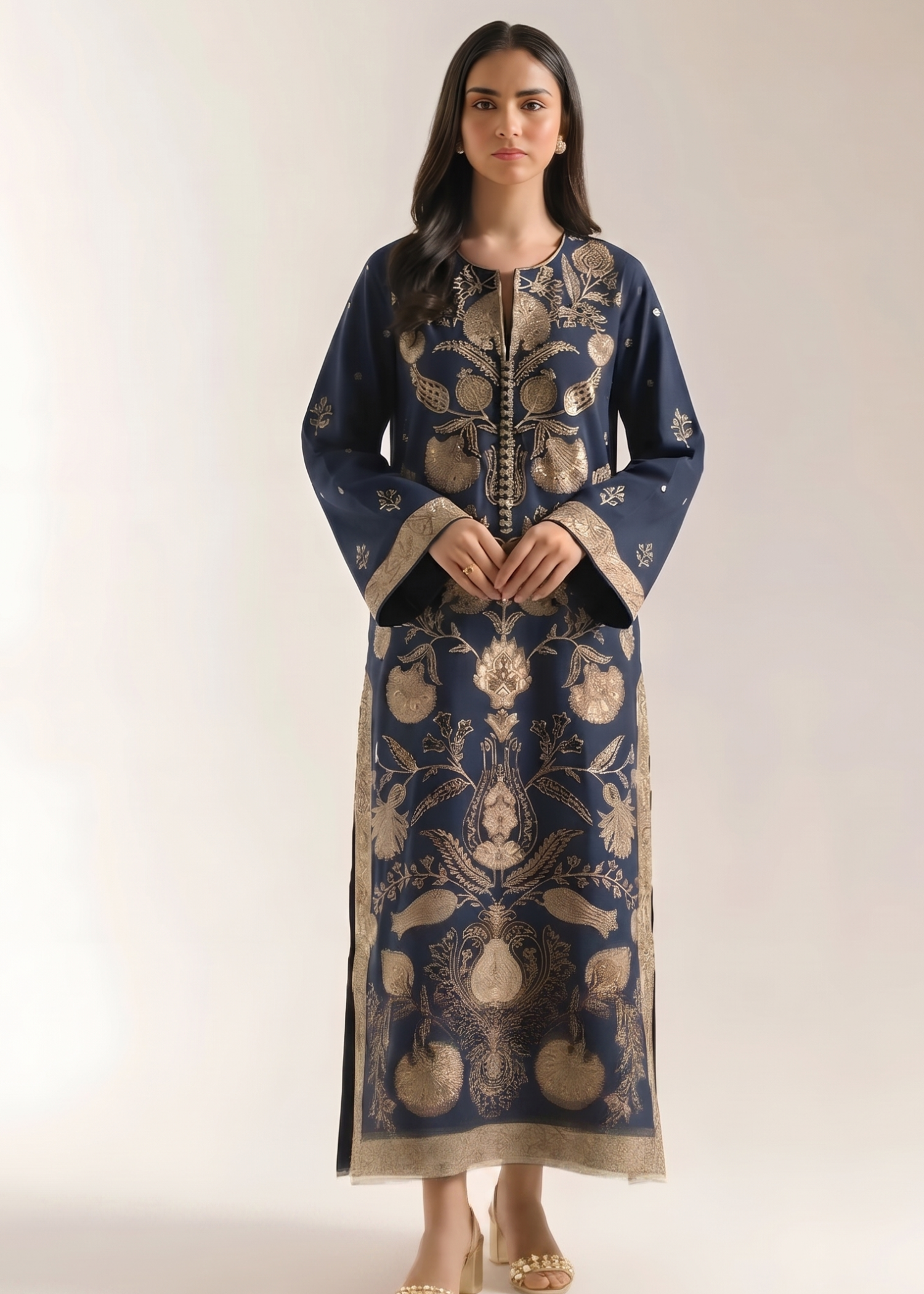 cambric cotton Kurta Set in Tan brown, midnight blue