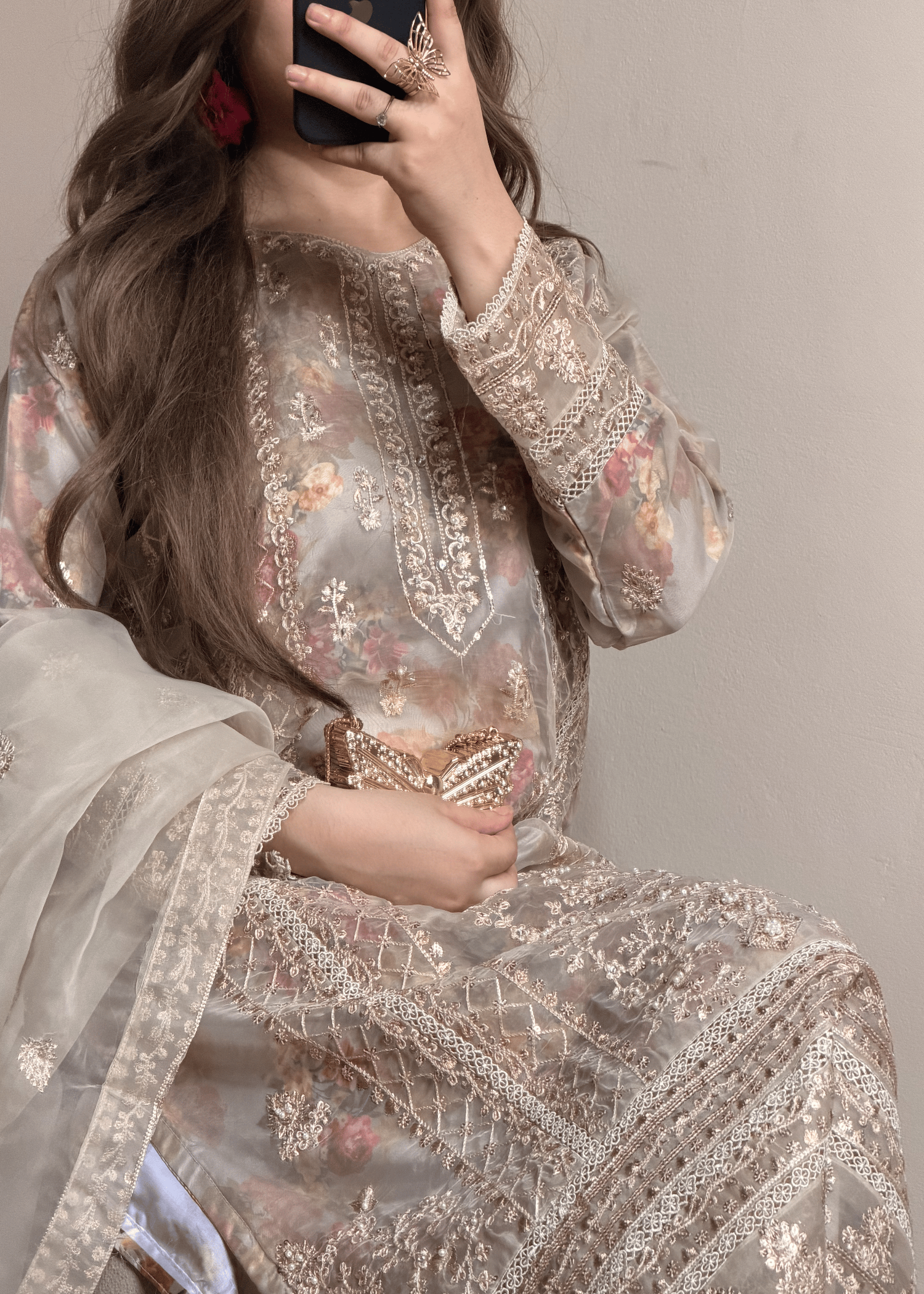 zari organza Kurta Set in Eggshell
