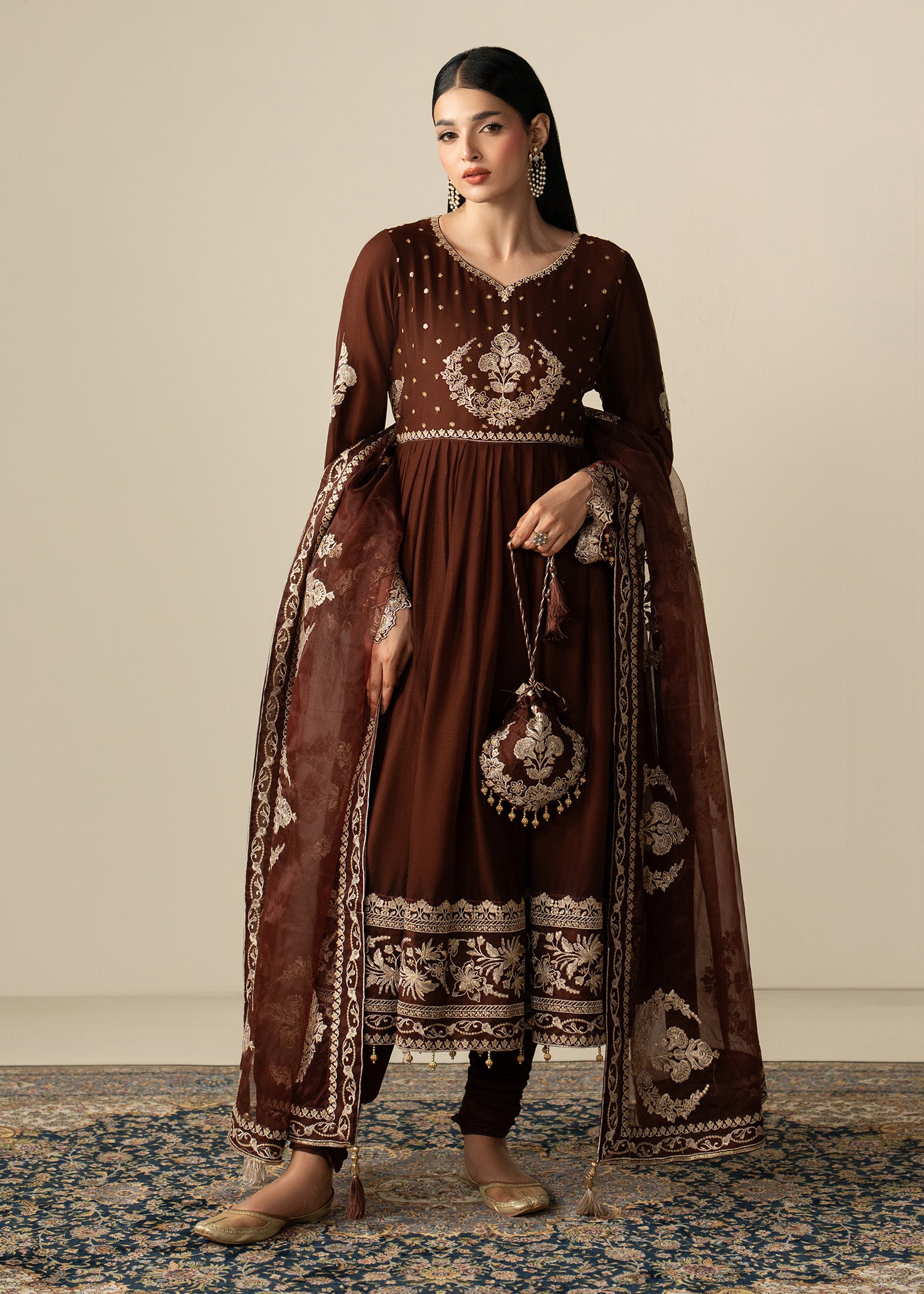 chiffon Pishwas in Brown