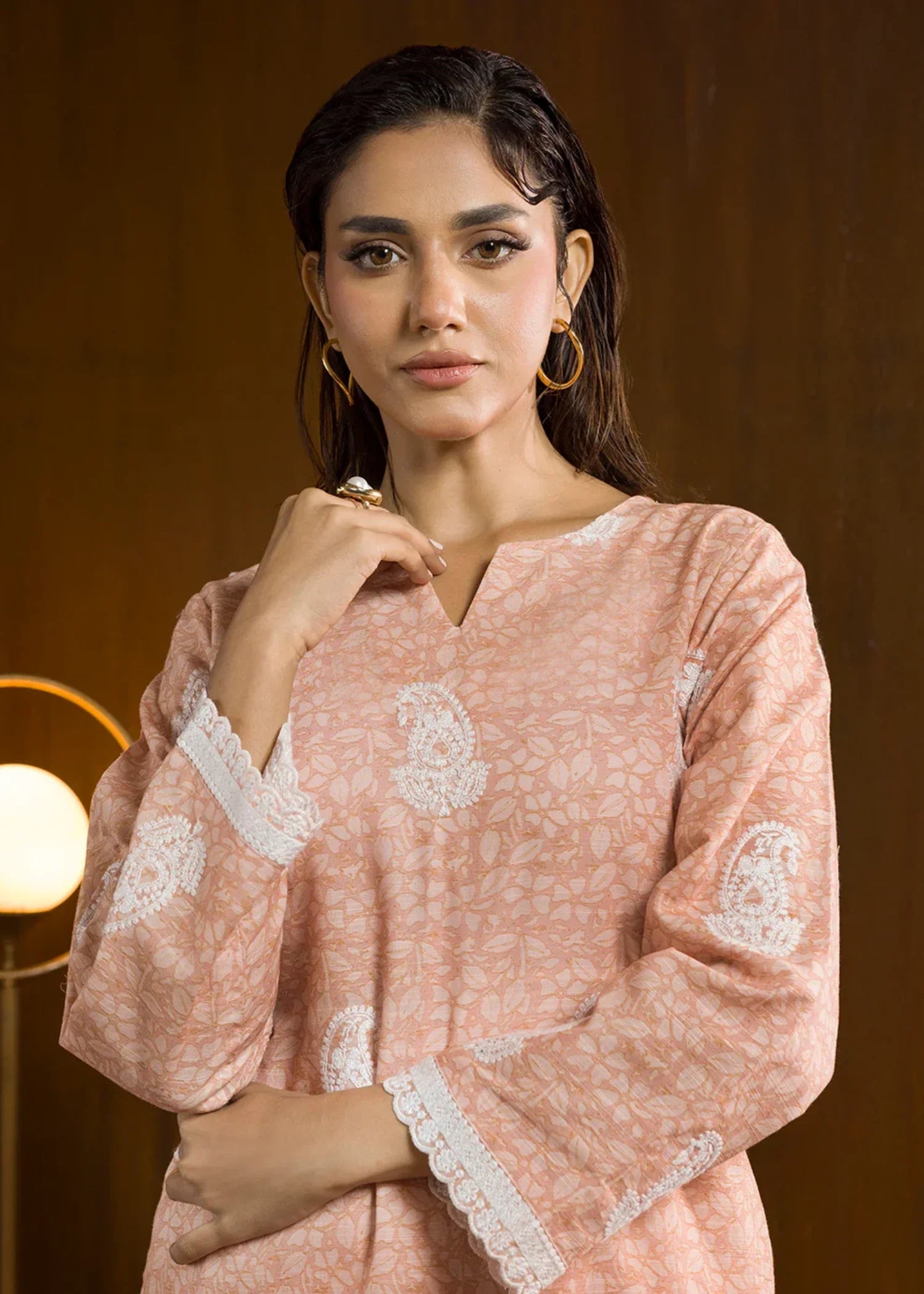 khaddar Kurta Set in Peach pink