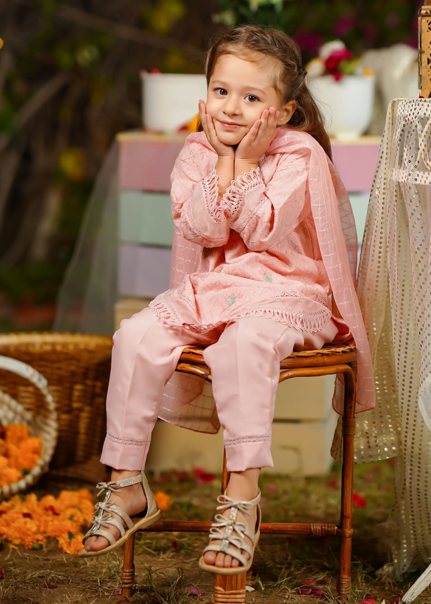chikankari cotton Kurta Set in Tea rose pink
