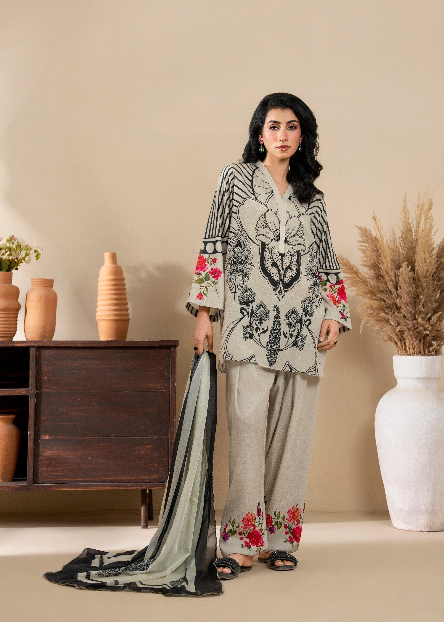 poly lawn Kurta Set in Ash grey