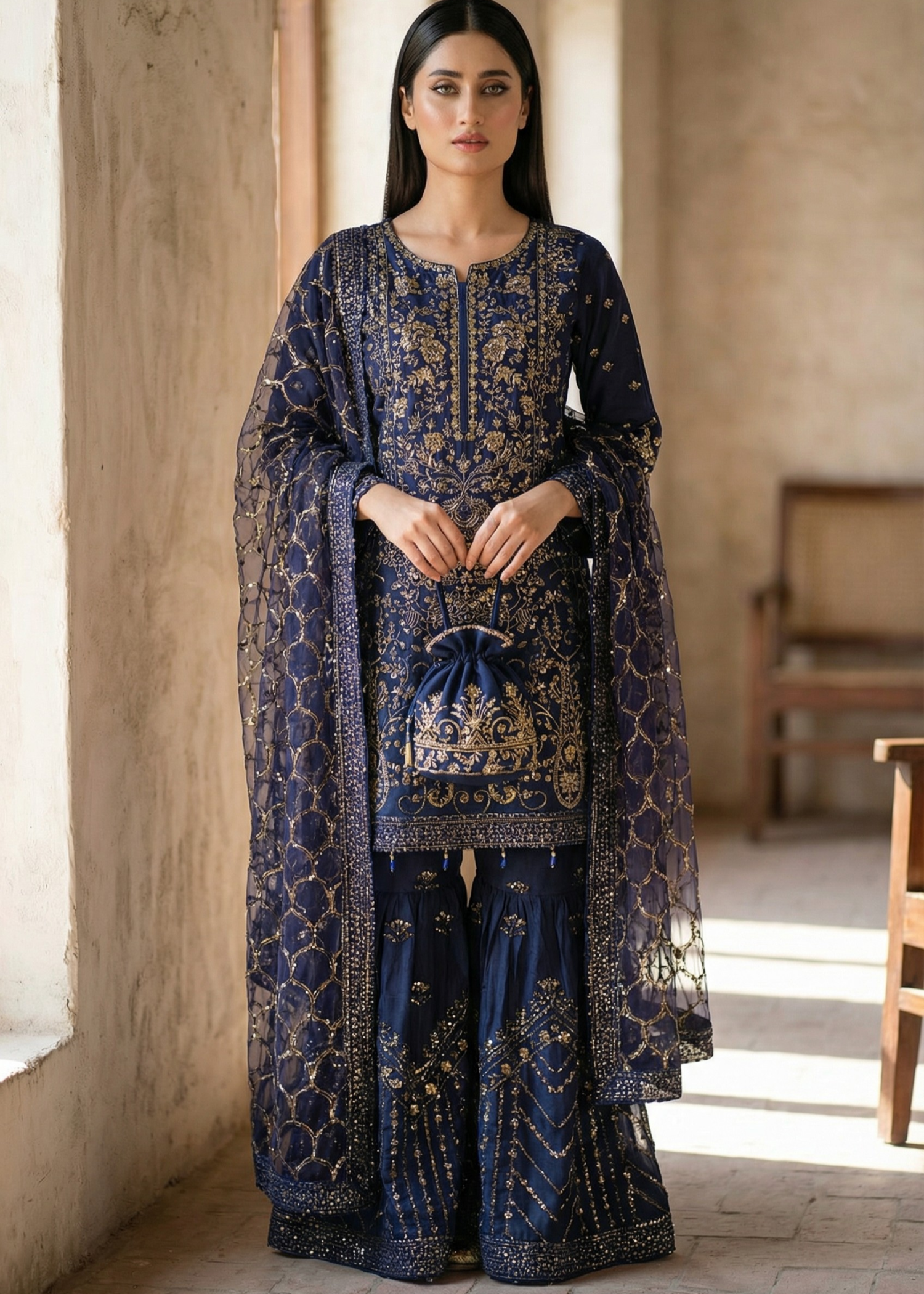 organza Gharara in Midnight blue
