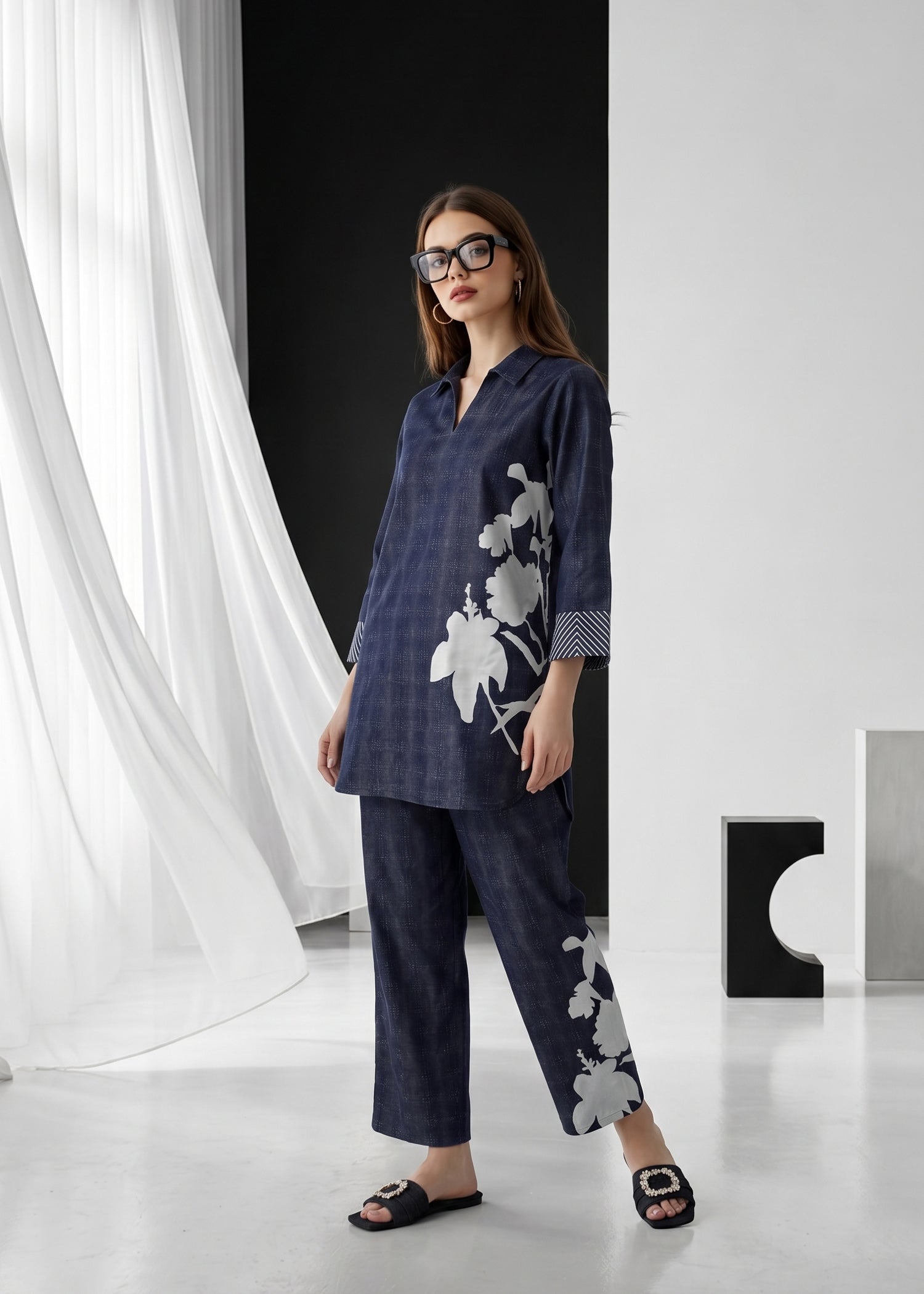 slub lawn Co Ord Sets in Twilight blue