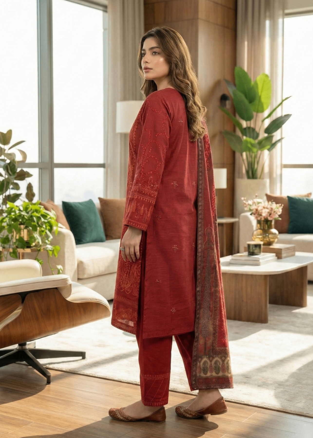 khaddar Kurta Set in Deep carmine