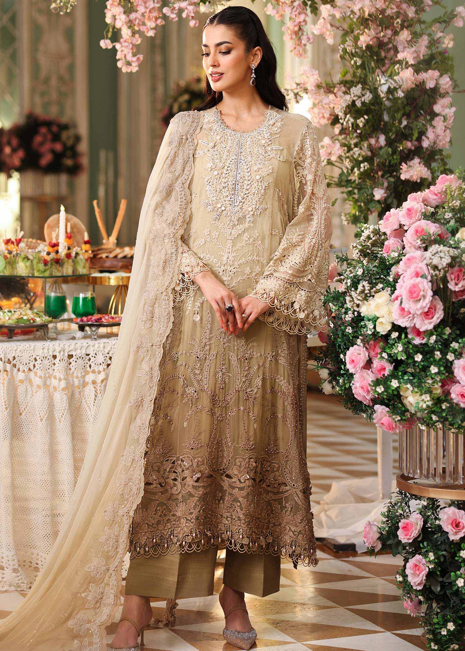 chiffon Unstitched in Coffee brown, ivory