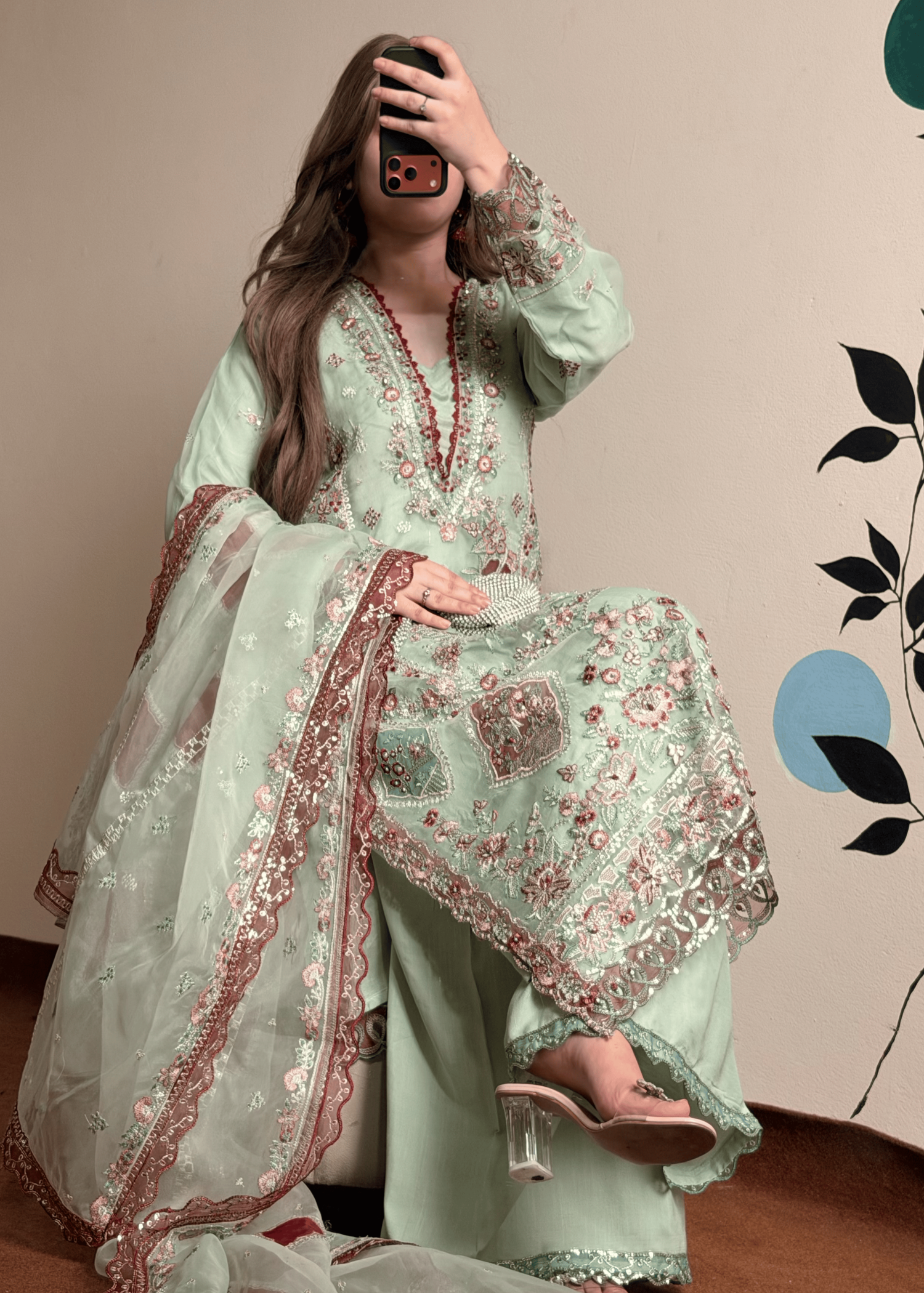 zari organza Sharara in Pistachio green