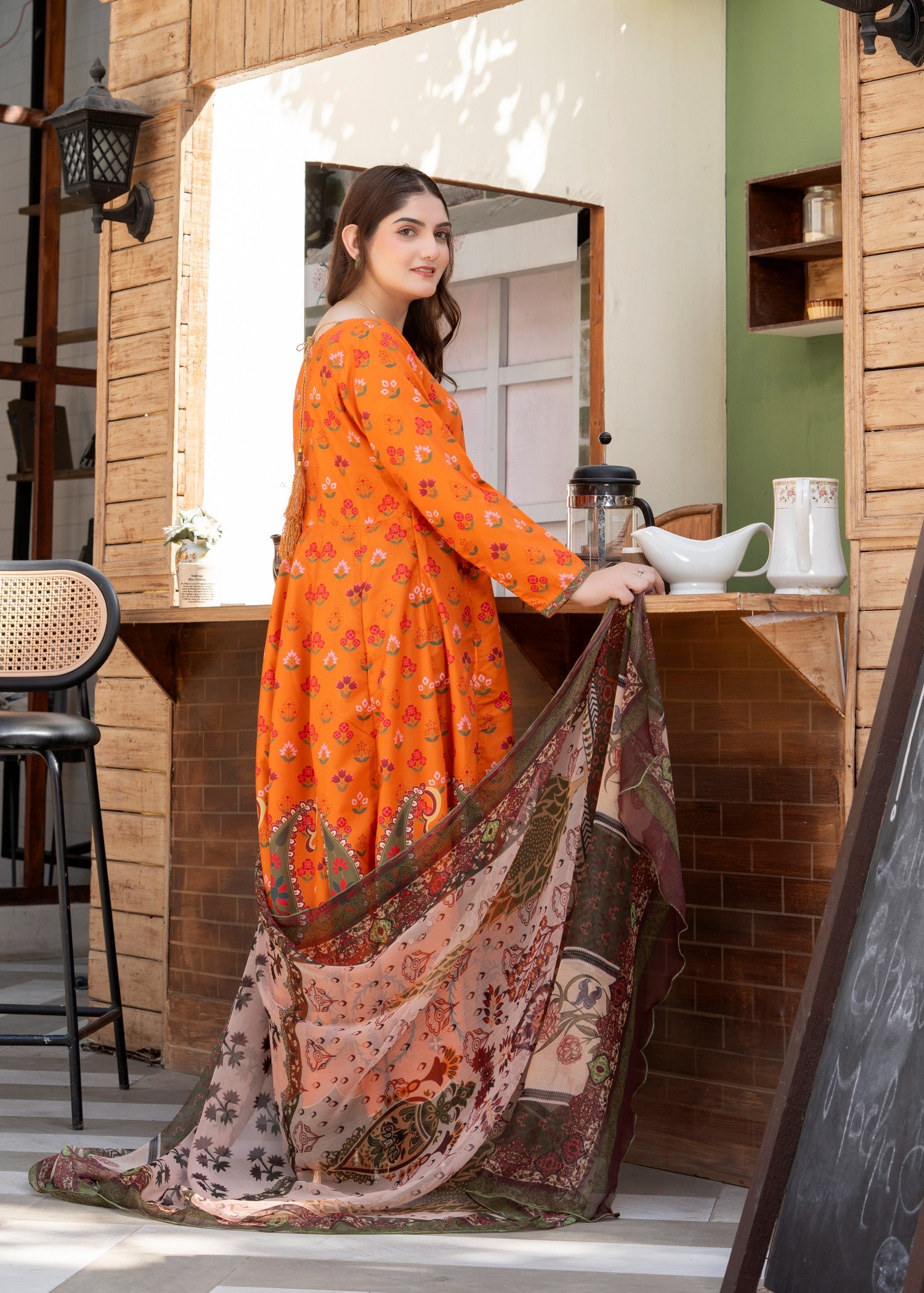 poly lawn Anarkali in Pumpkin orange