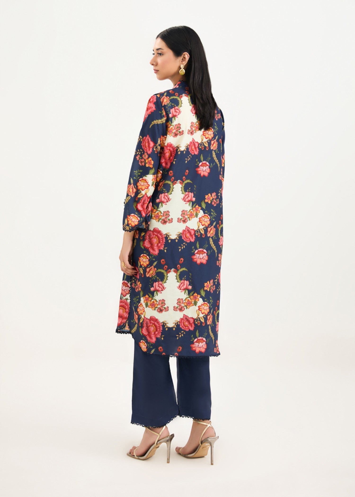 silk finish lawn Kurta Set in Navy blue