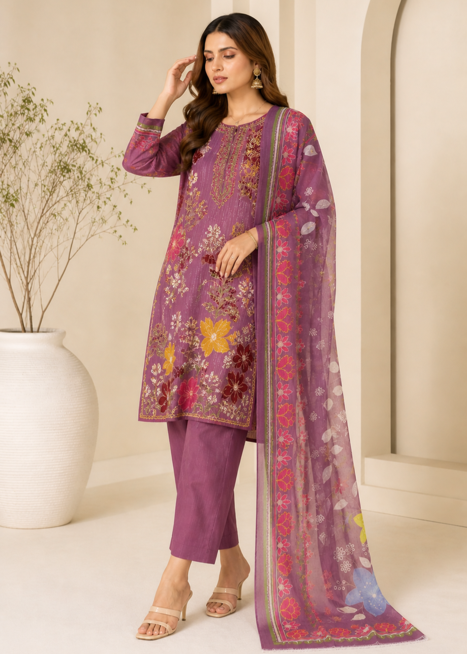 lawn cotton Kurta Set in Multi