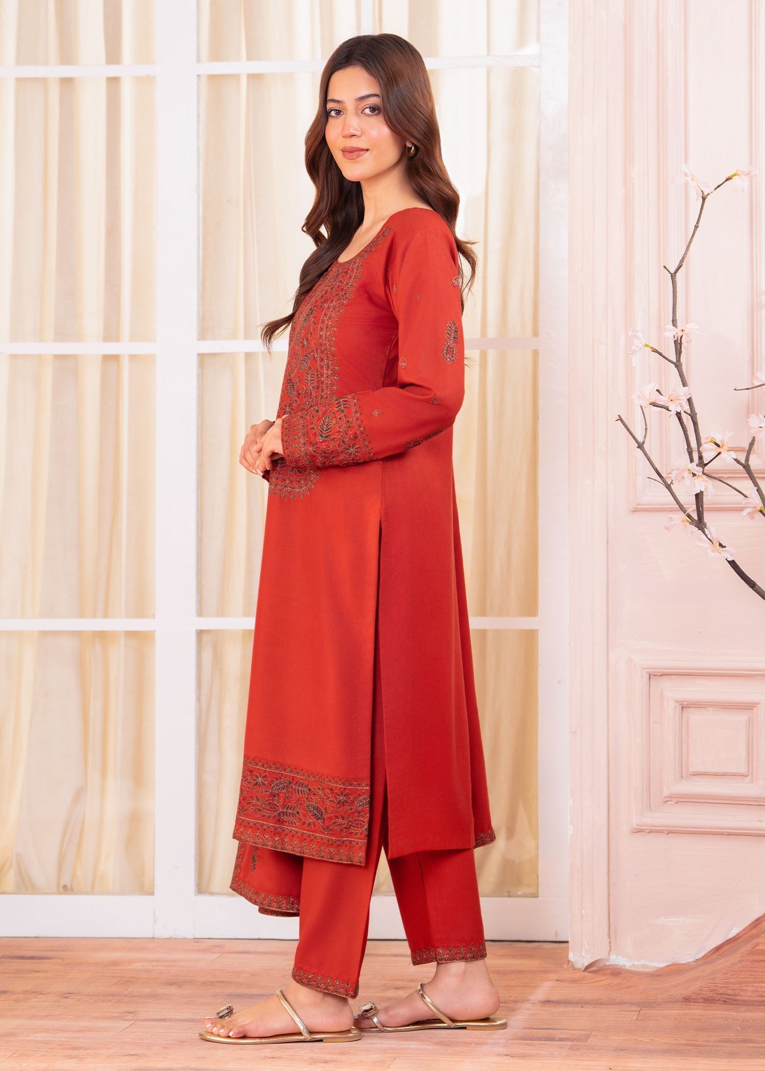 wool Kurta Set in Red
