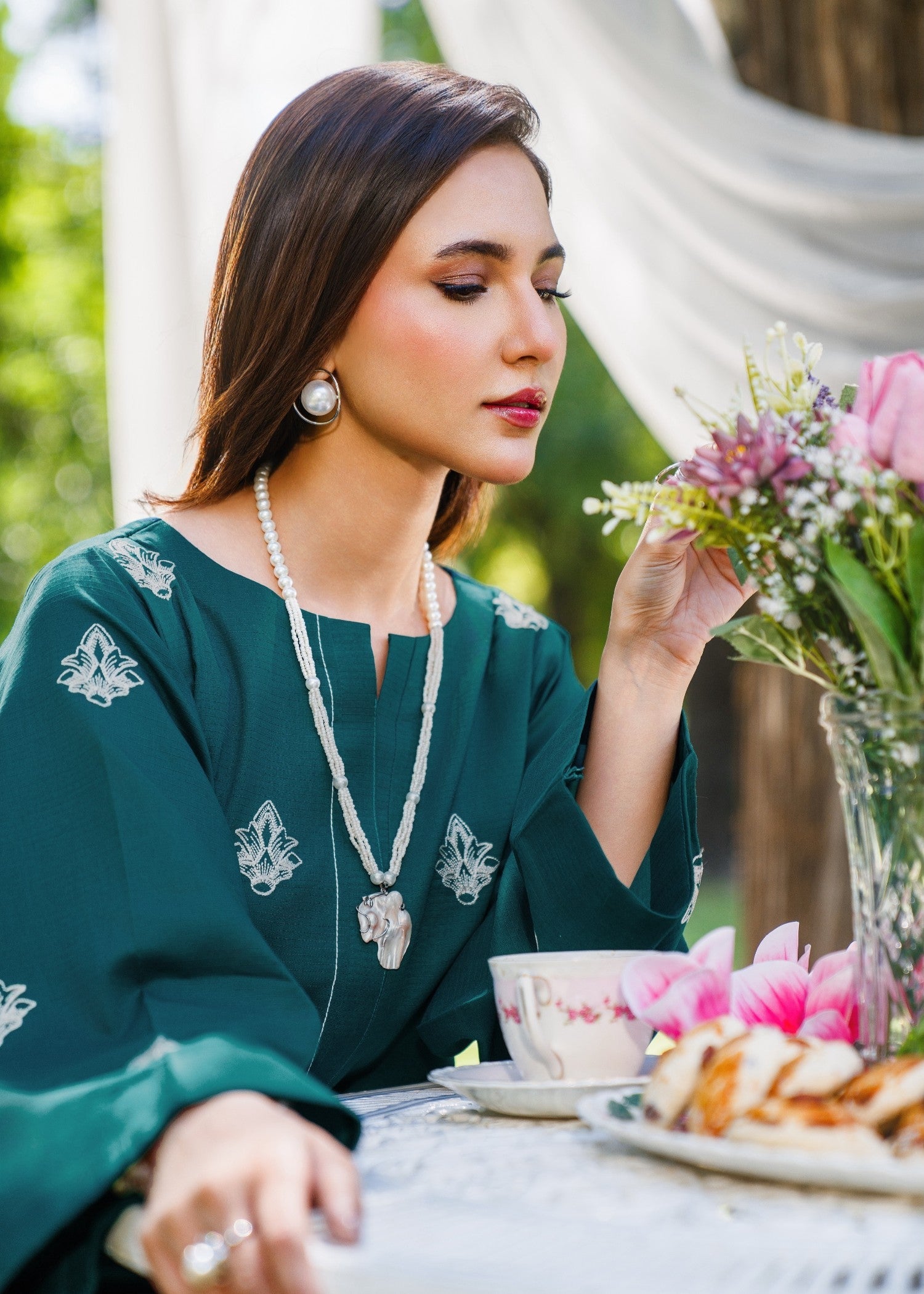 textured lawn Kurta Set in Pine green