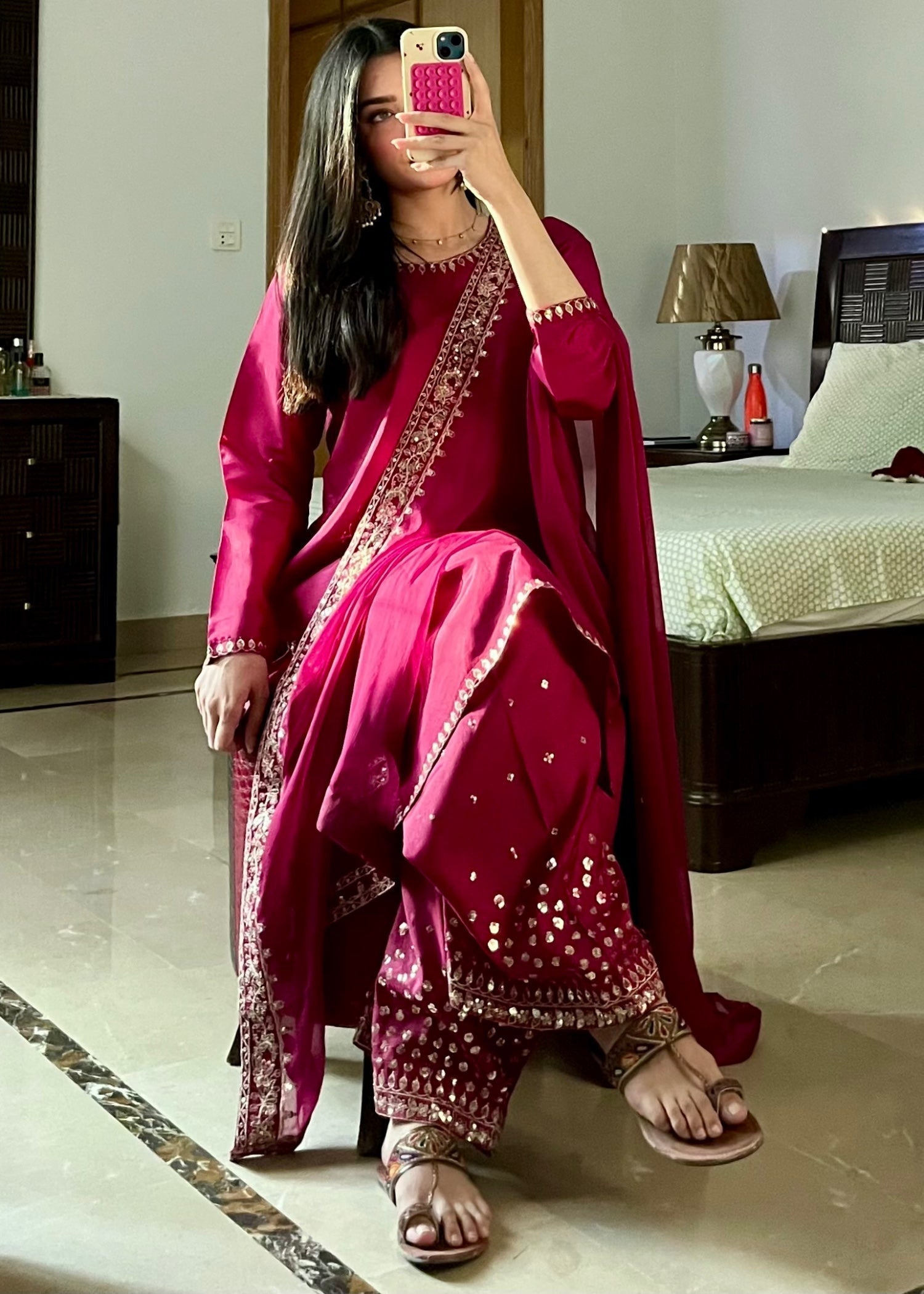 kattan silk Kurta Set in Magenta haze