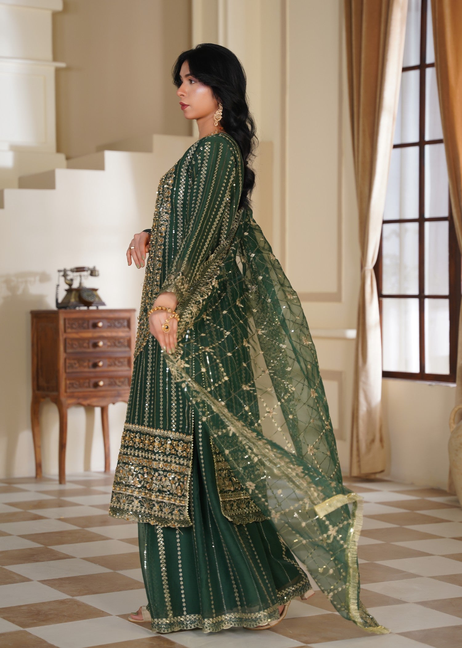 chiffon Sharara in Green, gold