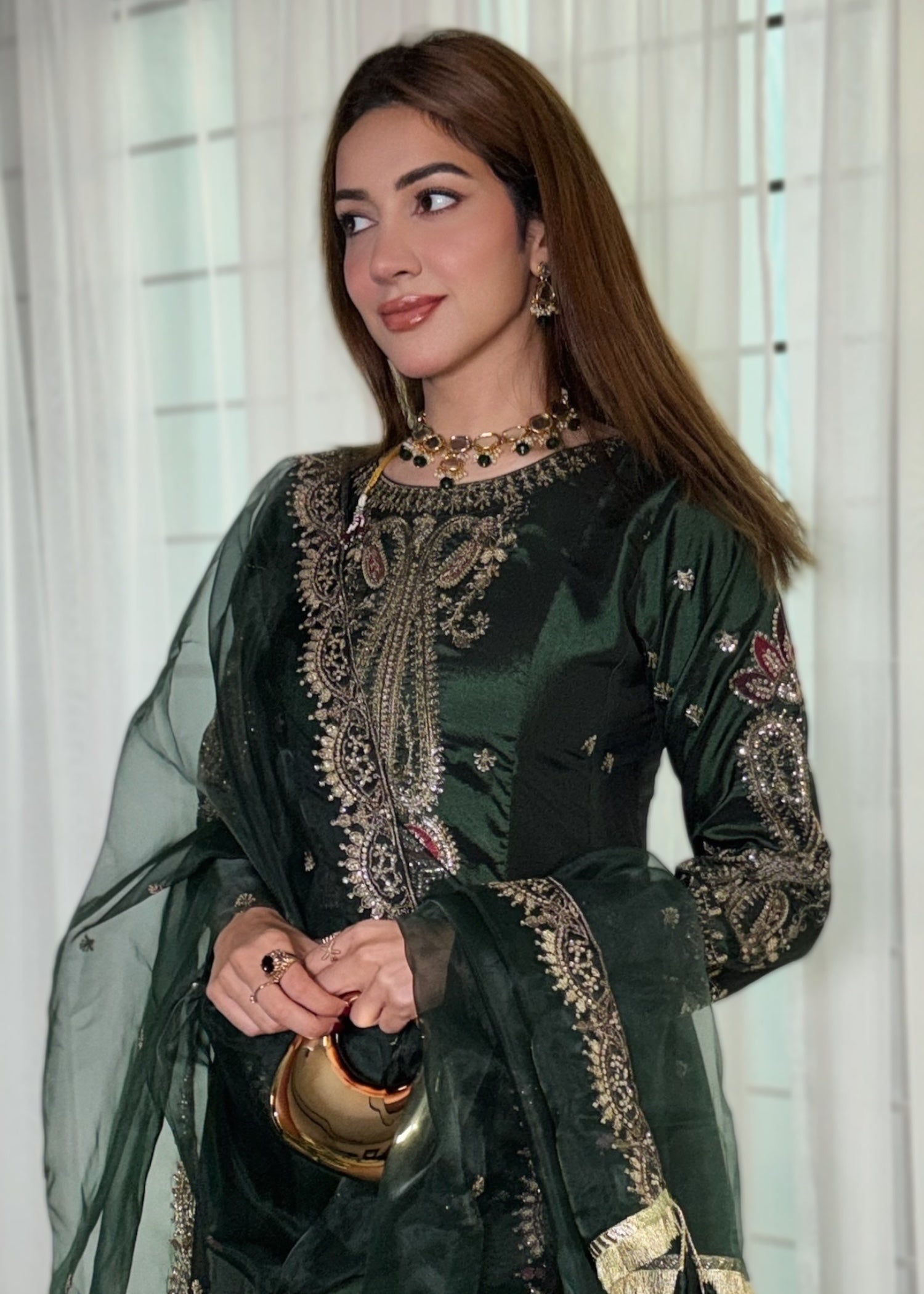 silk Pishwas in Bottle green