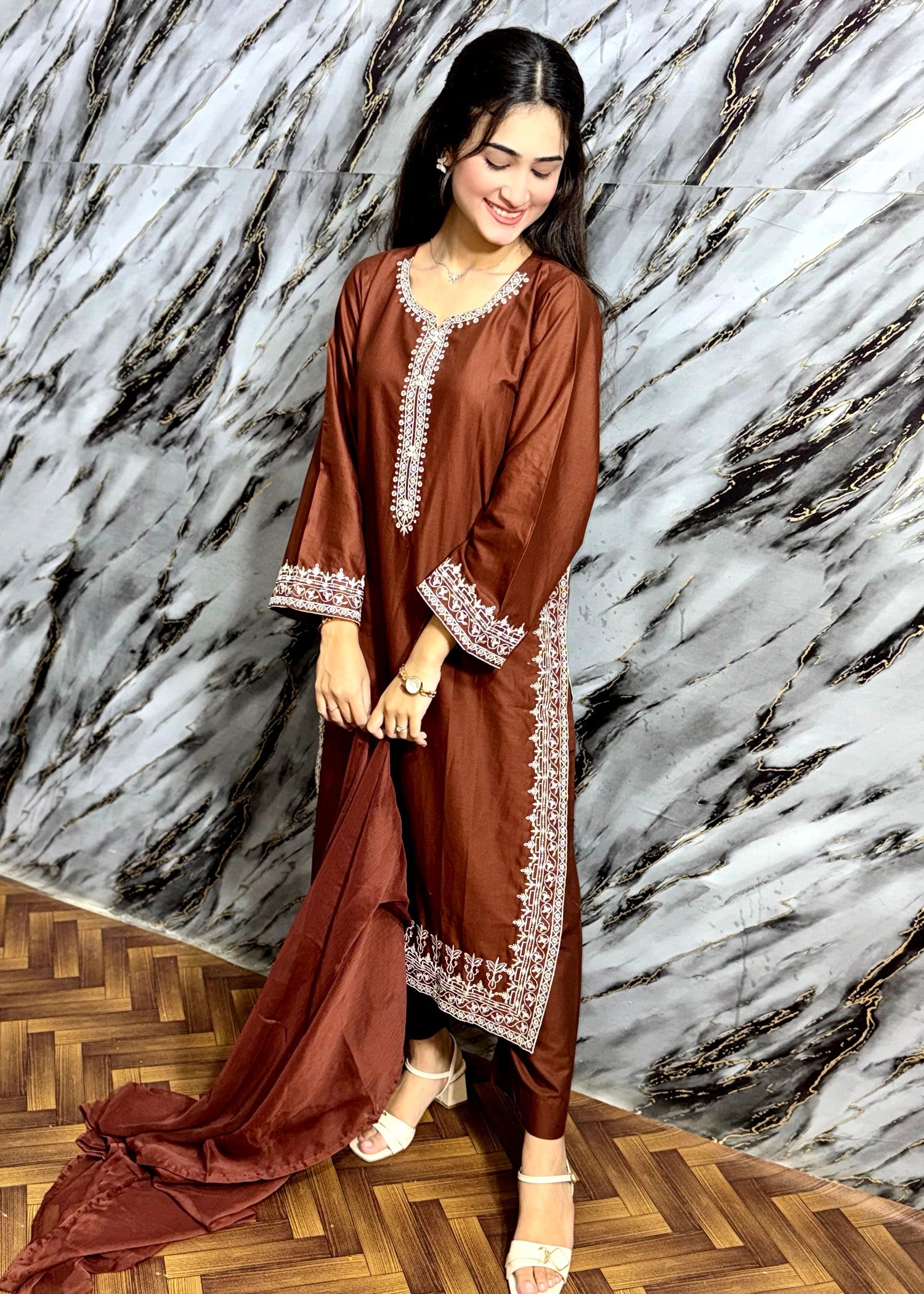 lawn Kurta Set in Bronze orange
