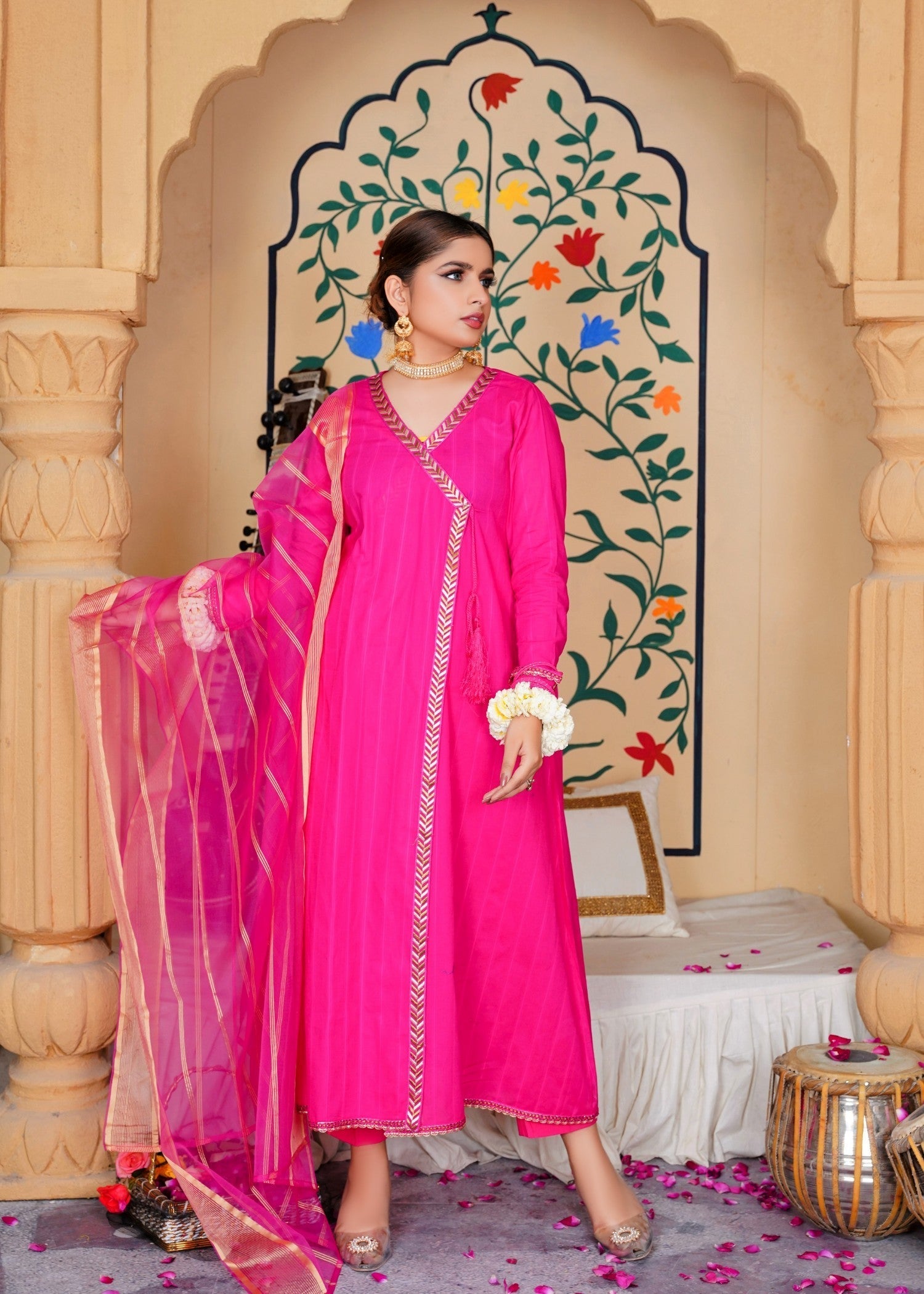 lawn Angrakha in Shocking pink