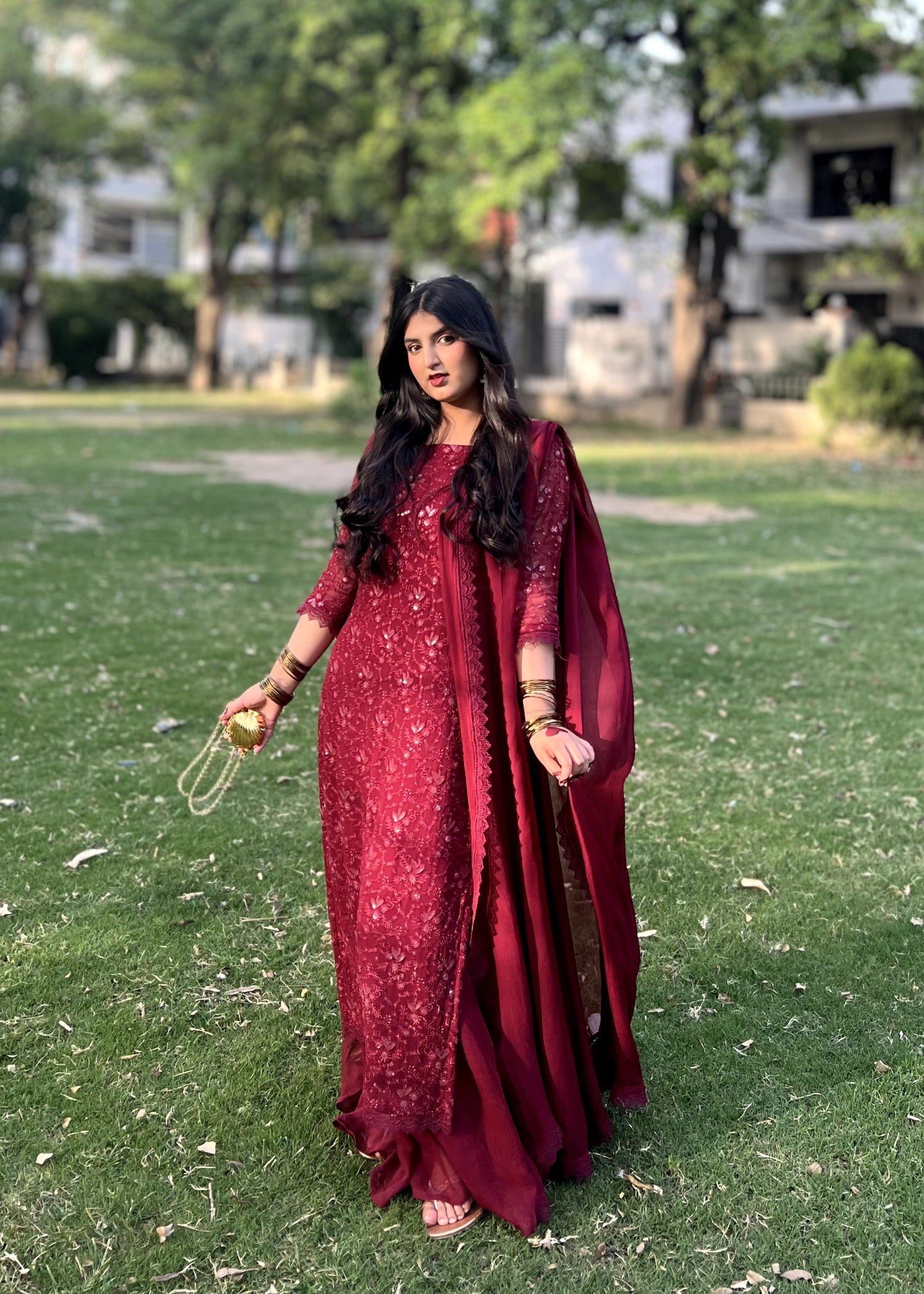 bemberg crinkle chiffon Sharara in Maroon