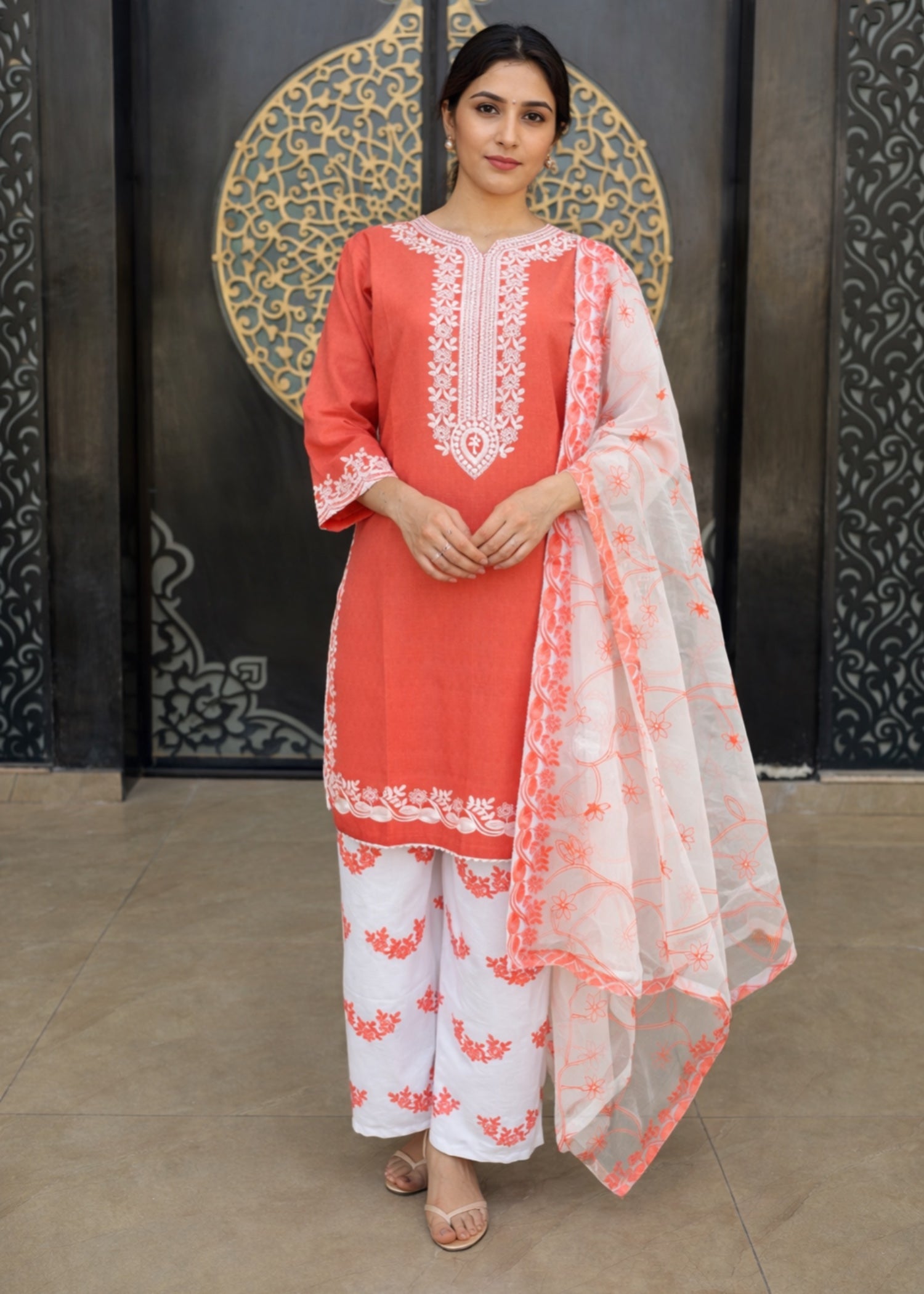 cotton dobby Kurta Set in Peach orange