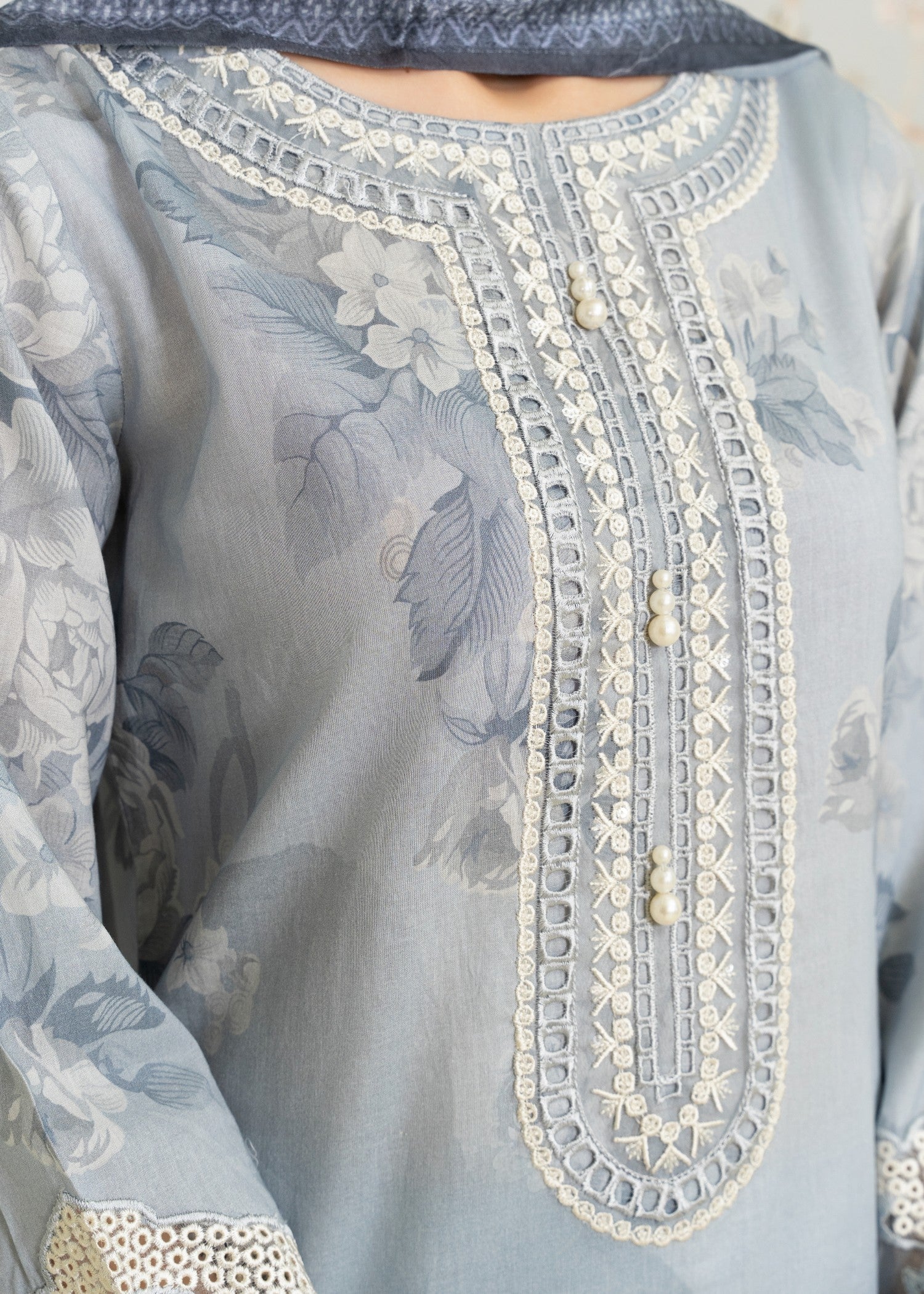 lawn Kurta Set in Duck egg grey