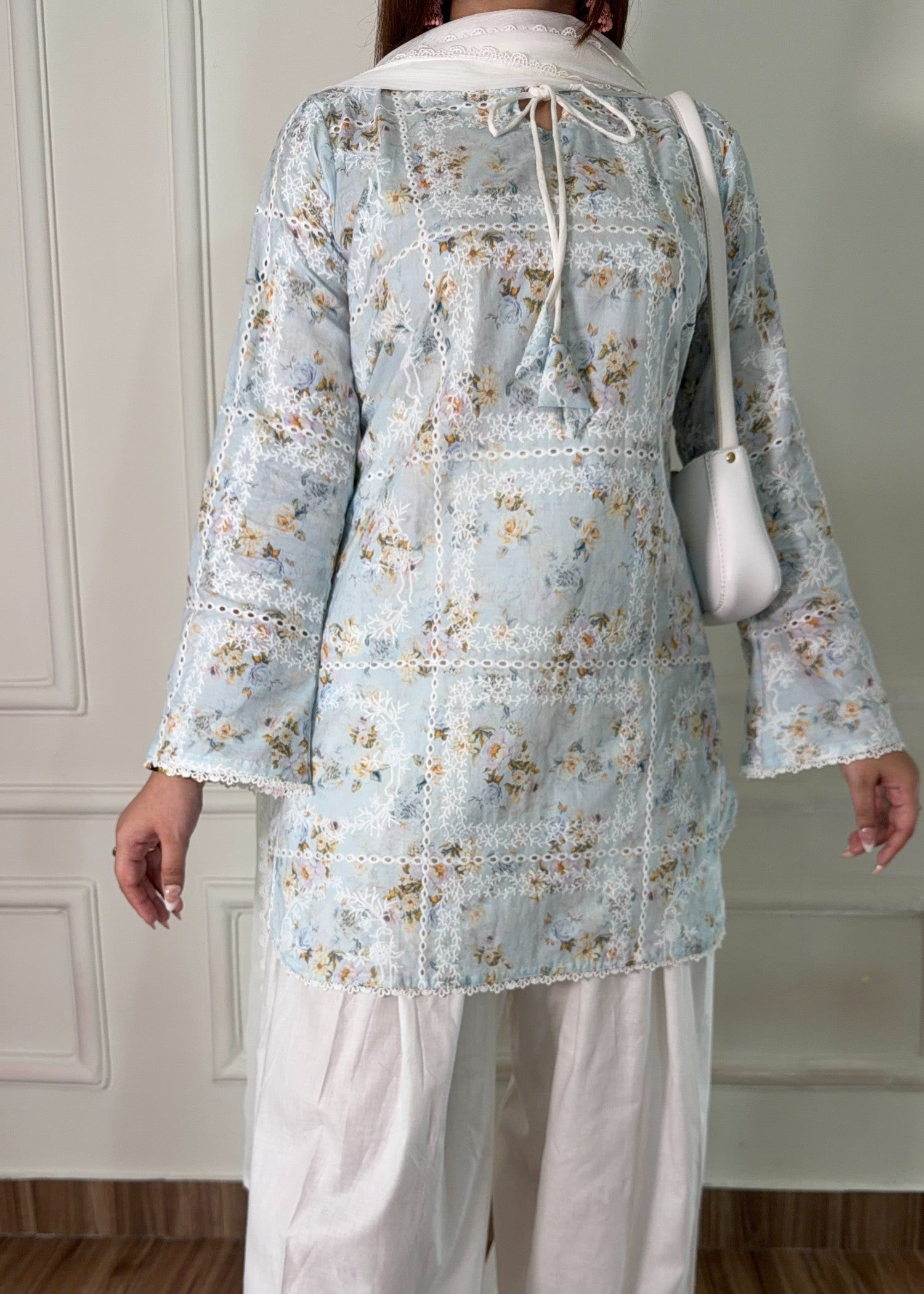 lawn Kurta Set in Off-white, ice blue