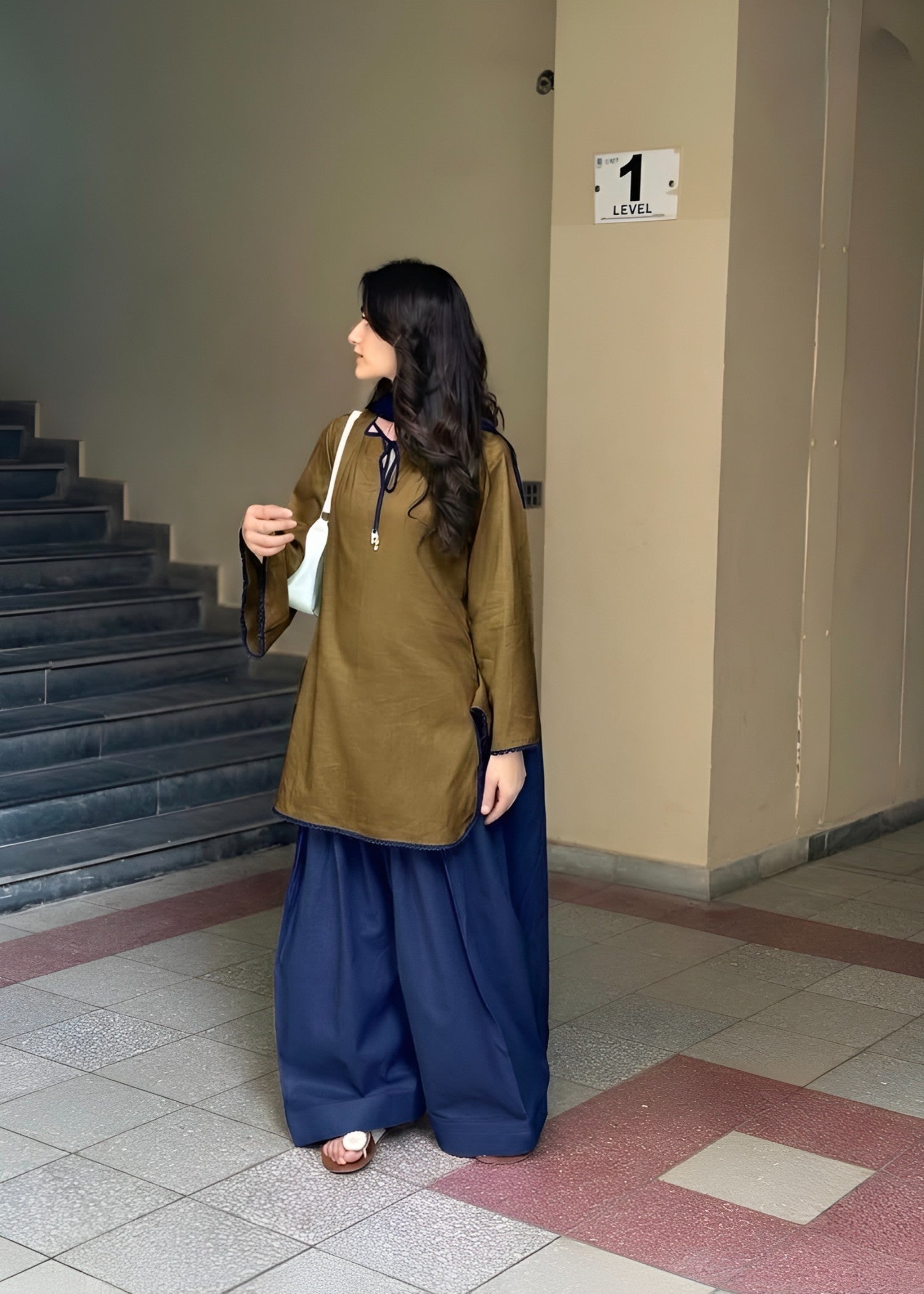 linen Kurta Set in Walnut brown, navy blue
