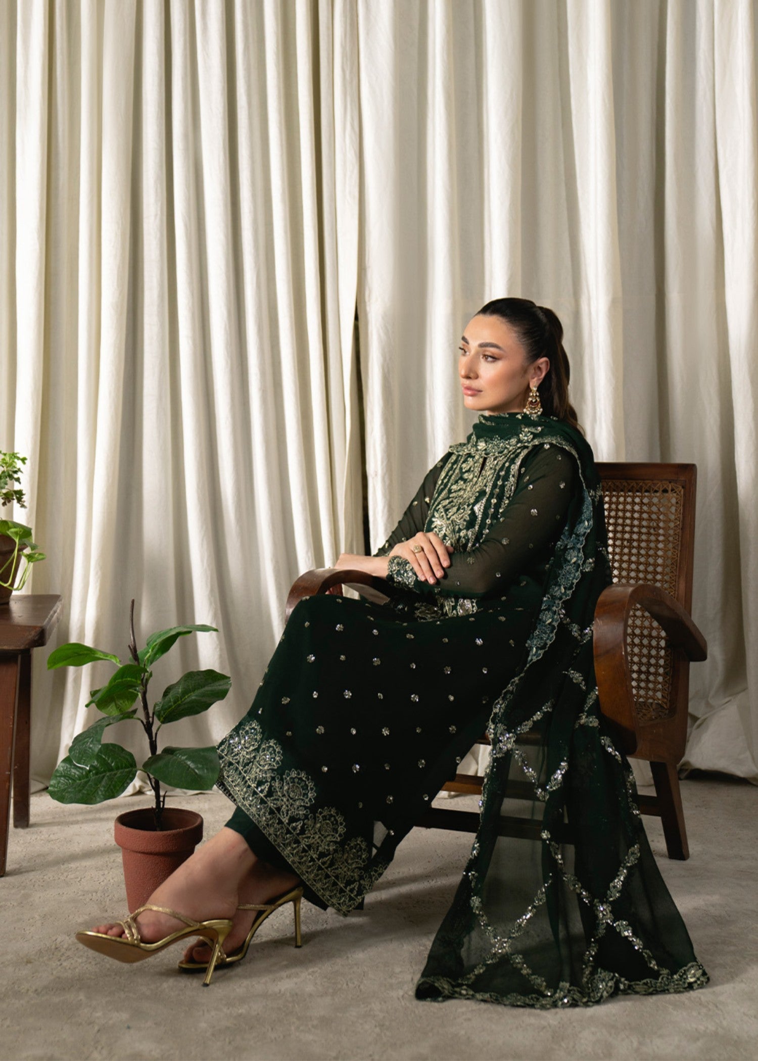 chiffon Kurta Set in Hunter green