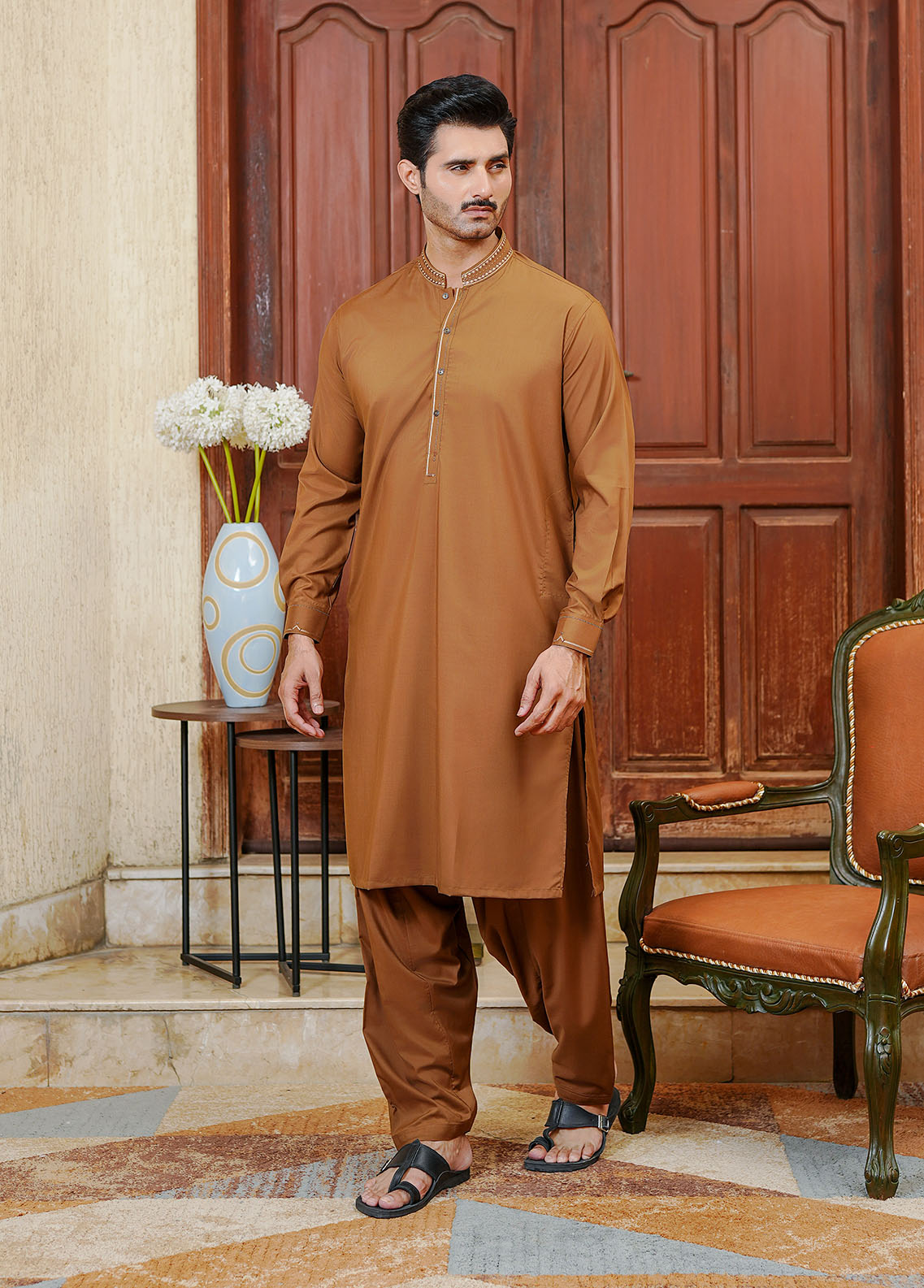 wash & wear Shalwar Kameez in Tawny brown