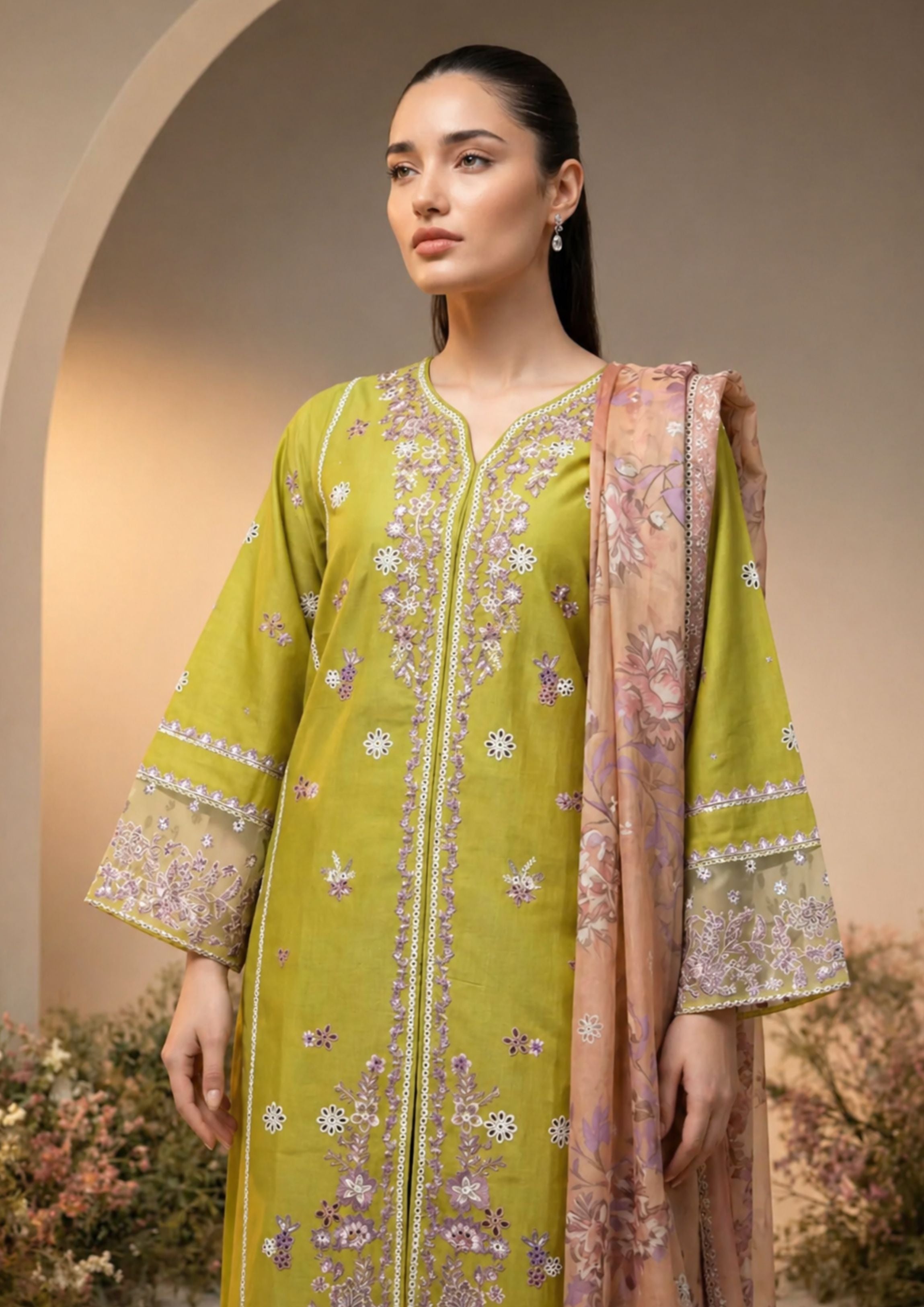 lawn cotton Kurta Set in Olive green