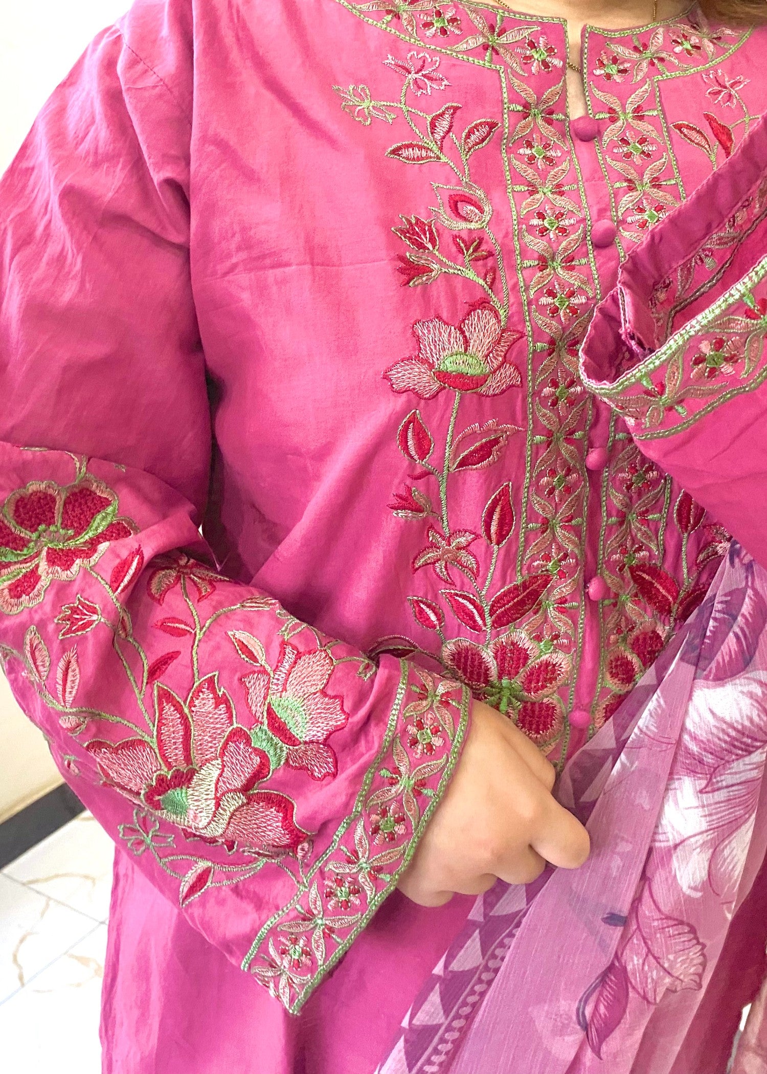 lawn cotton Kurta Set in Deep pink