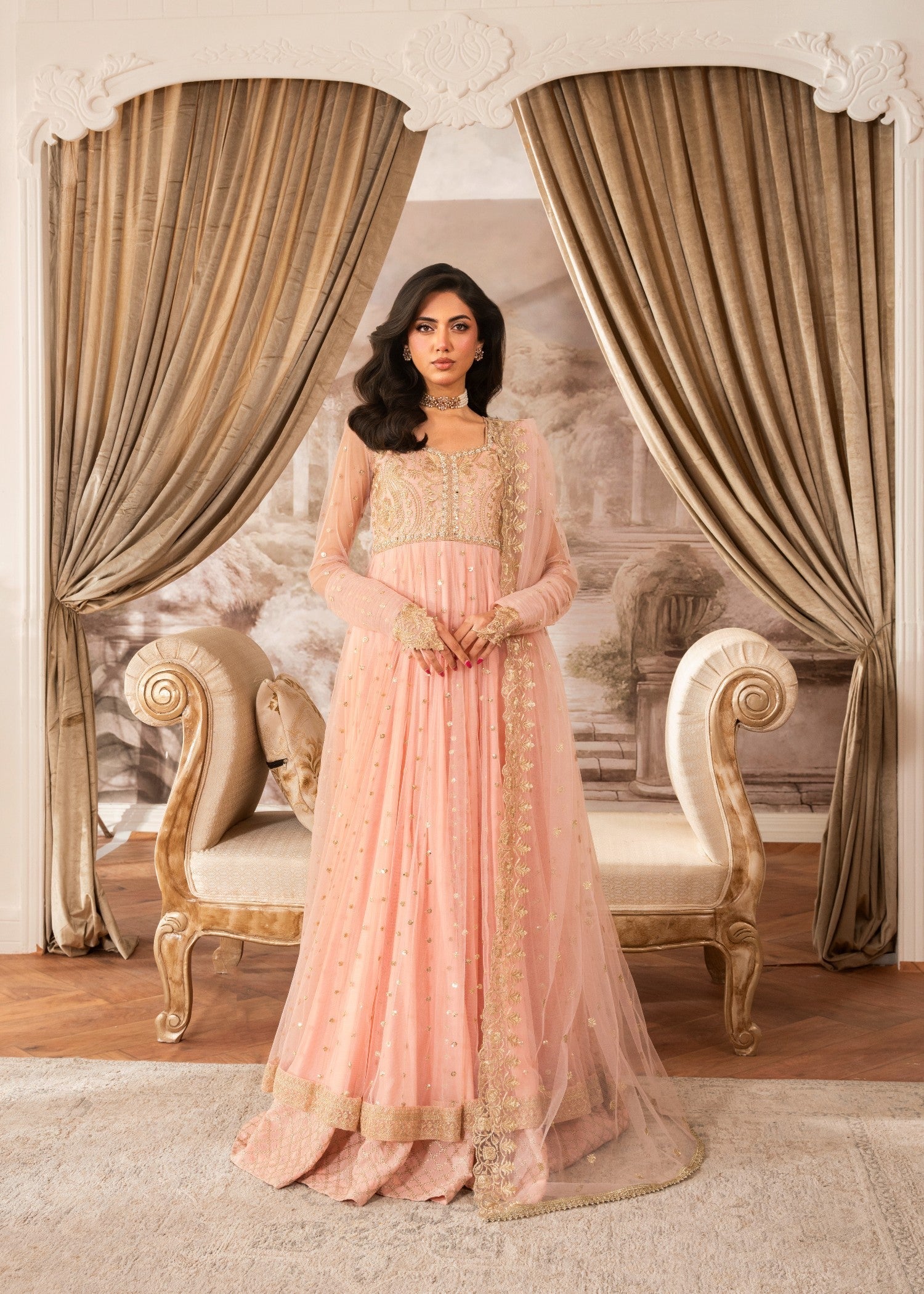 net Pishwas in Peach pink