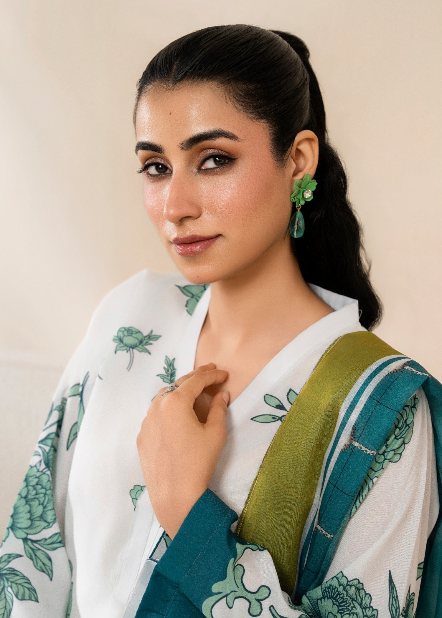 poly lawn Kurta Set in White, emerald green