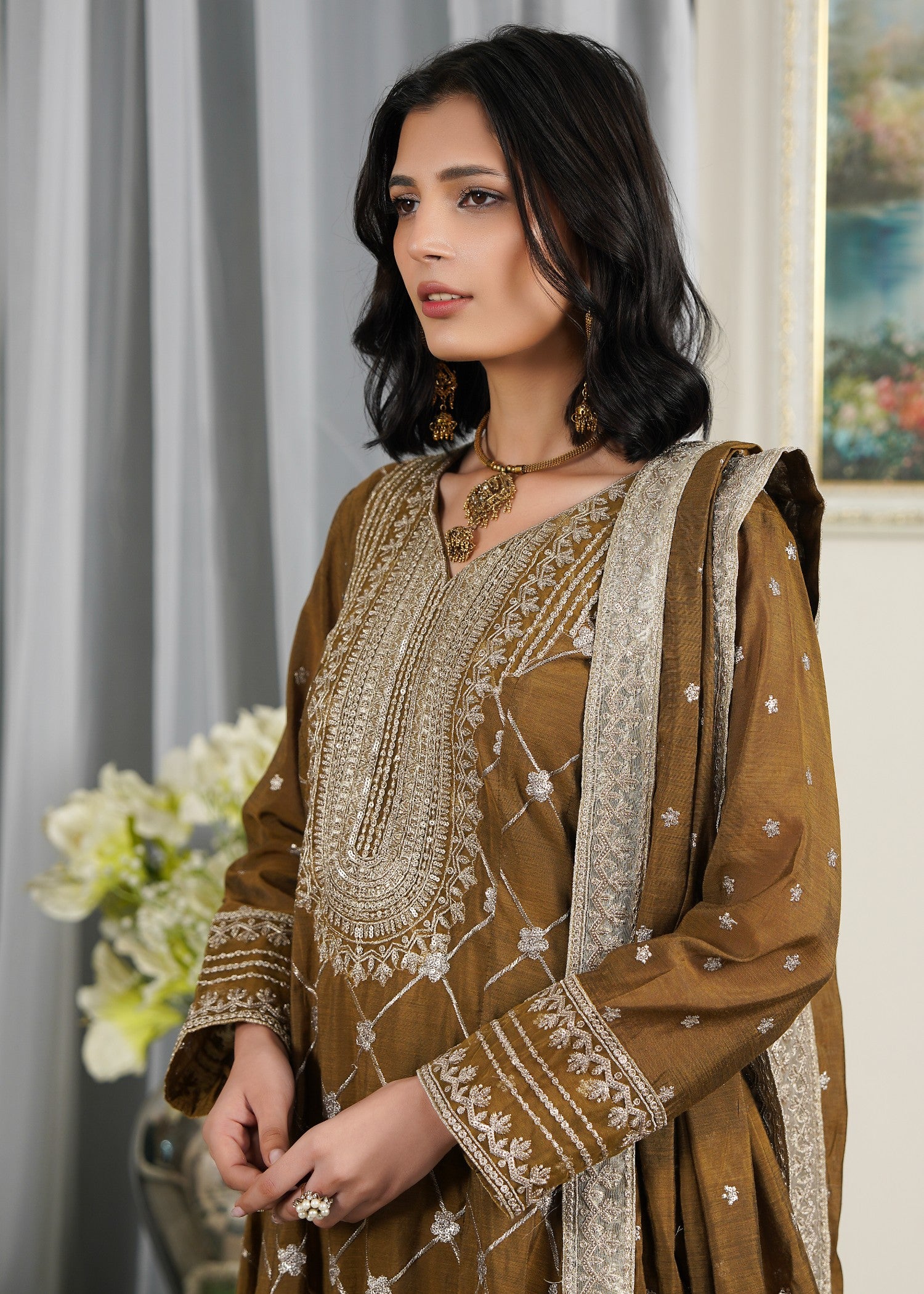paper lawn Pishwas in Brown
