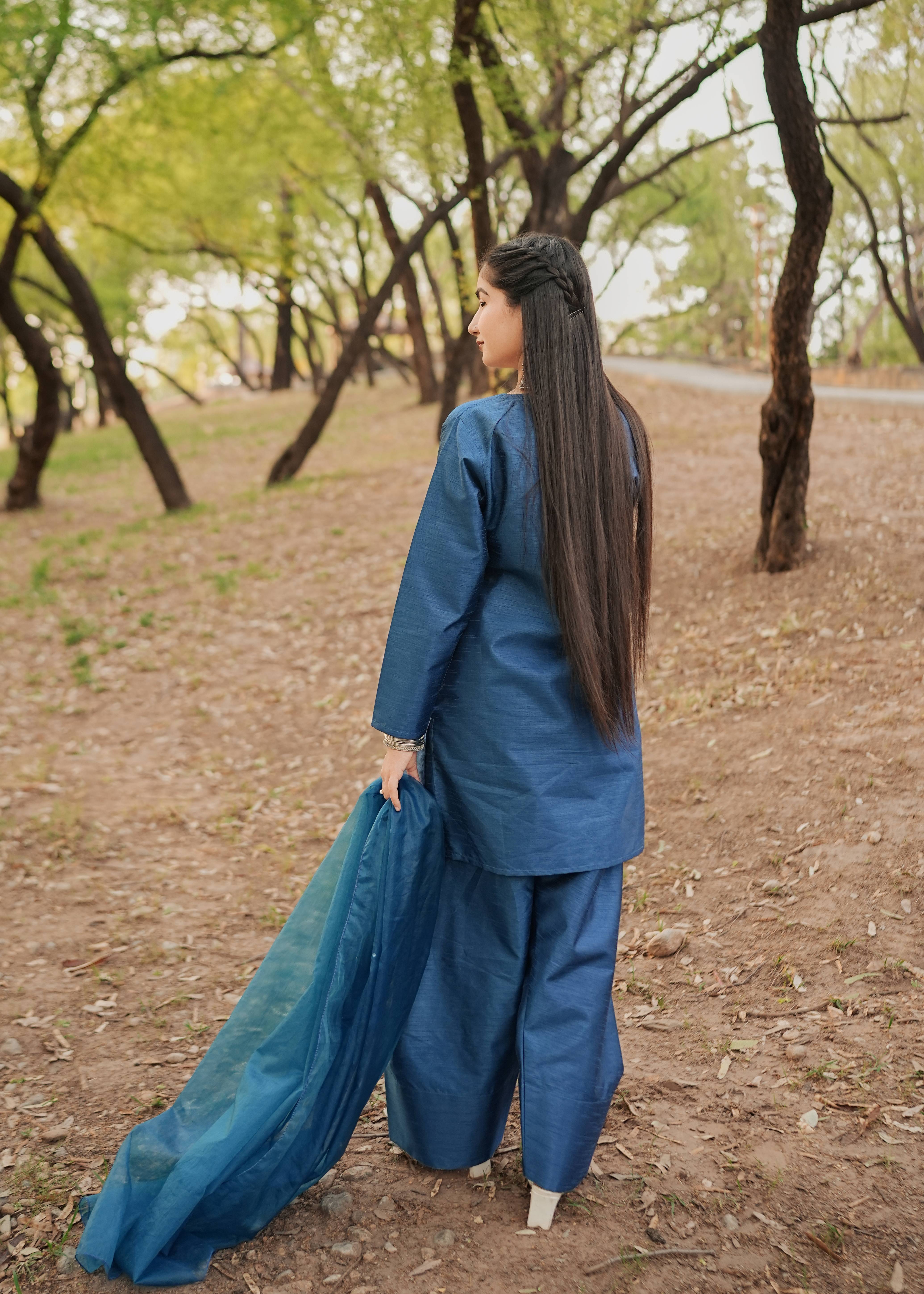 raw silk Kurta Set in Steel blue