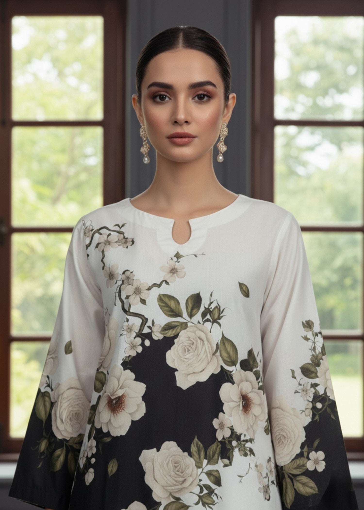 poly lawn Kurta Set in Multi, jet black