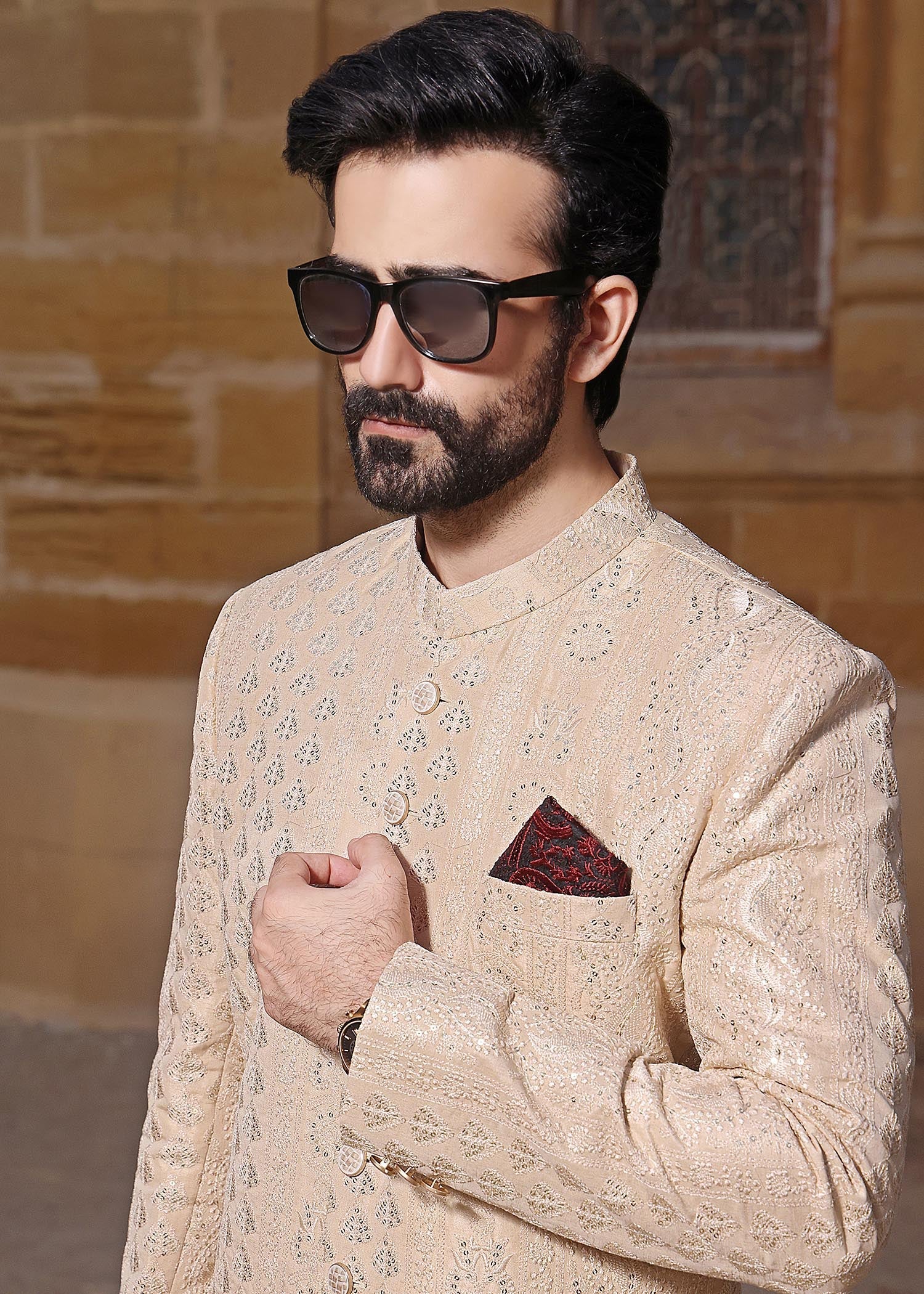 raw silk Sherwani in Beige