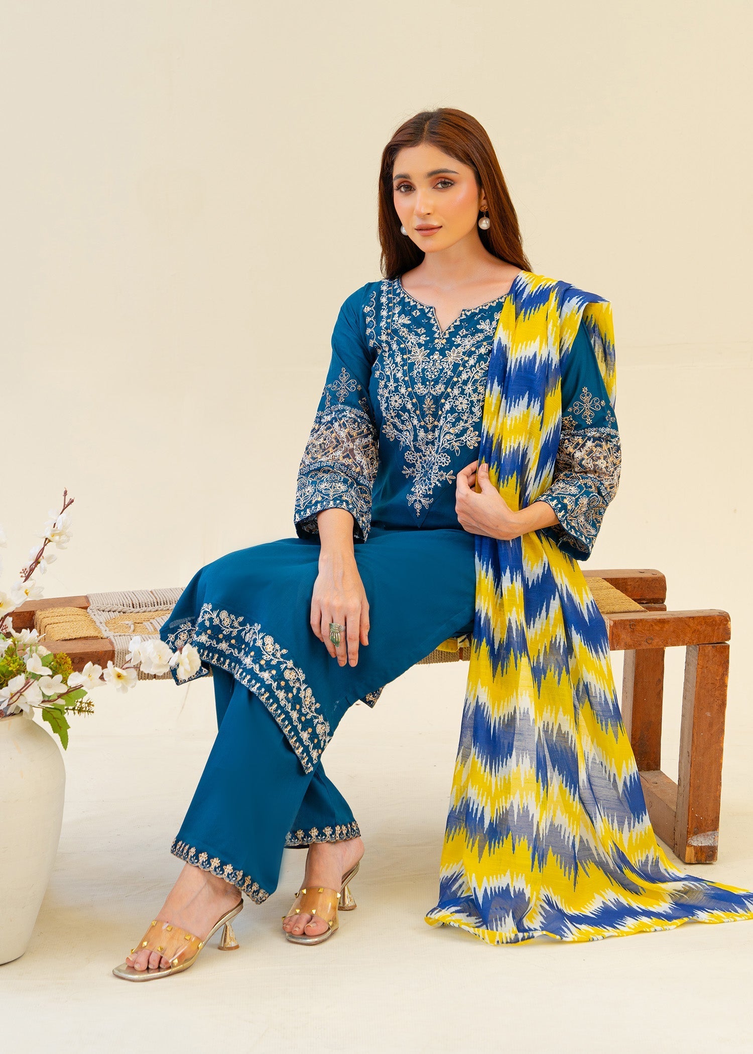 cambric Kurta Set in Teal