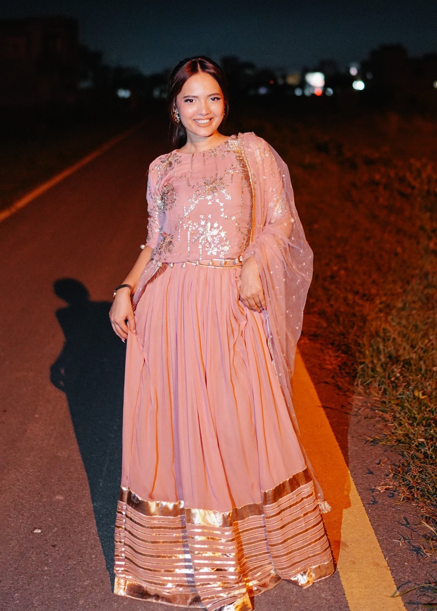 bemberg crinkle chiffon Lehenga in Pink