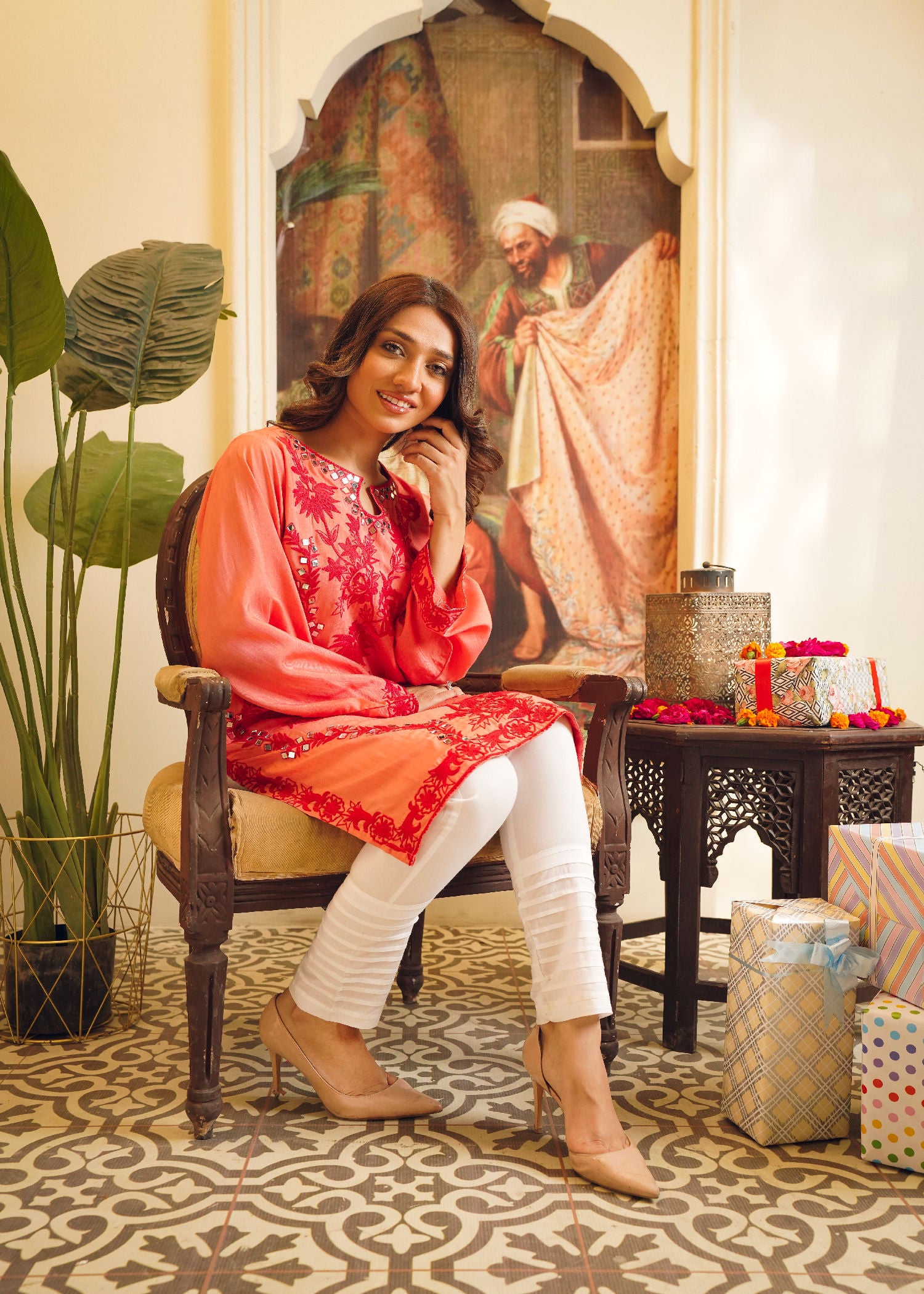 cotton silk Kurti in Coral orange