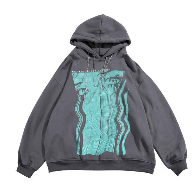 Retro Teary Geometric Print Hip Hop plus Fleece Hooded Sweatshirt
