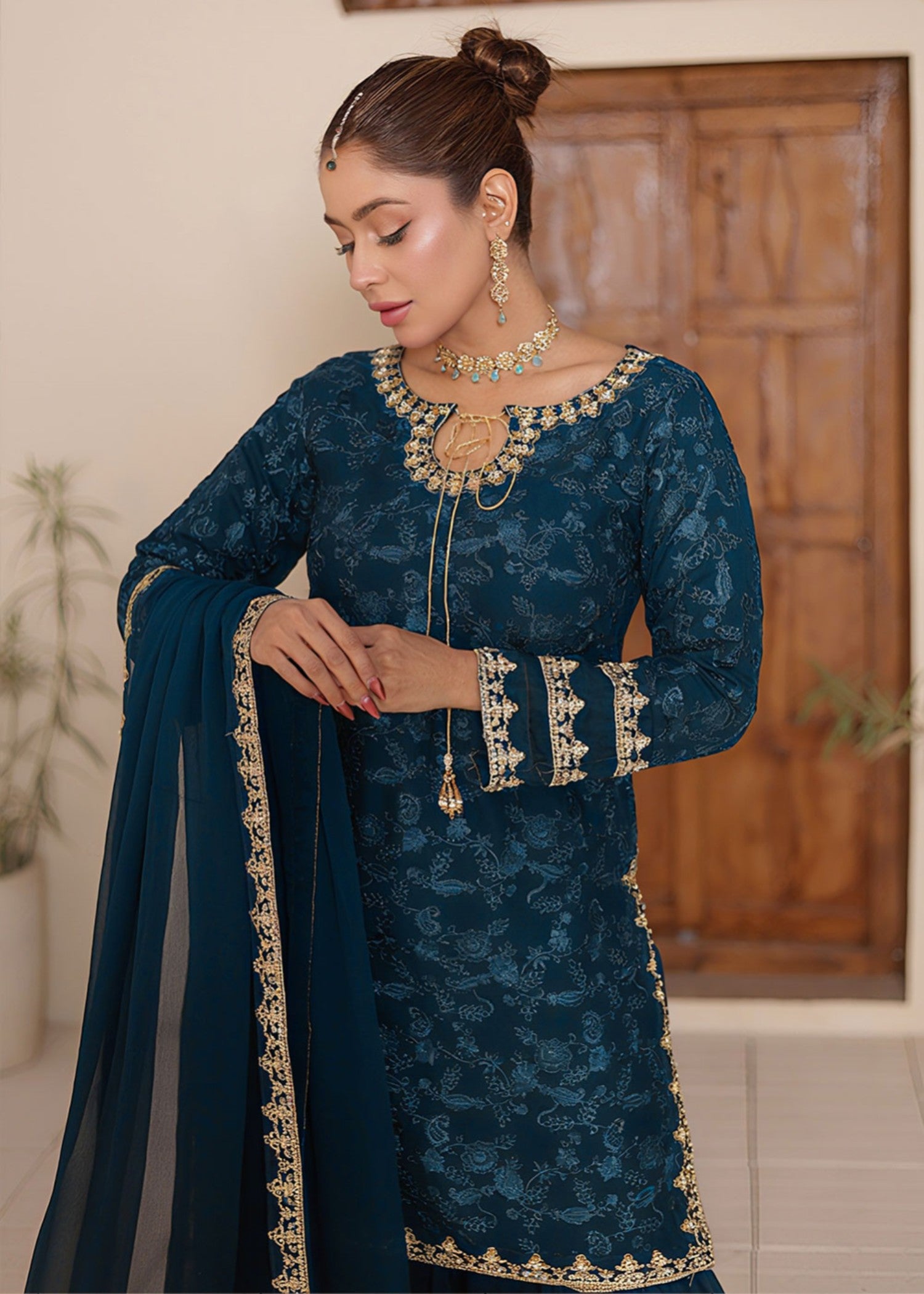 chiffon Gharara in Yale blue