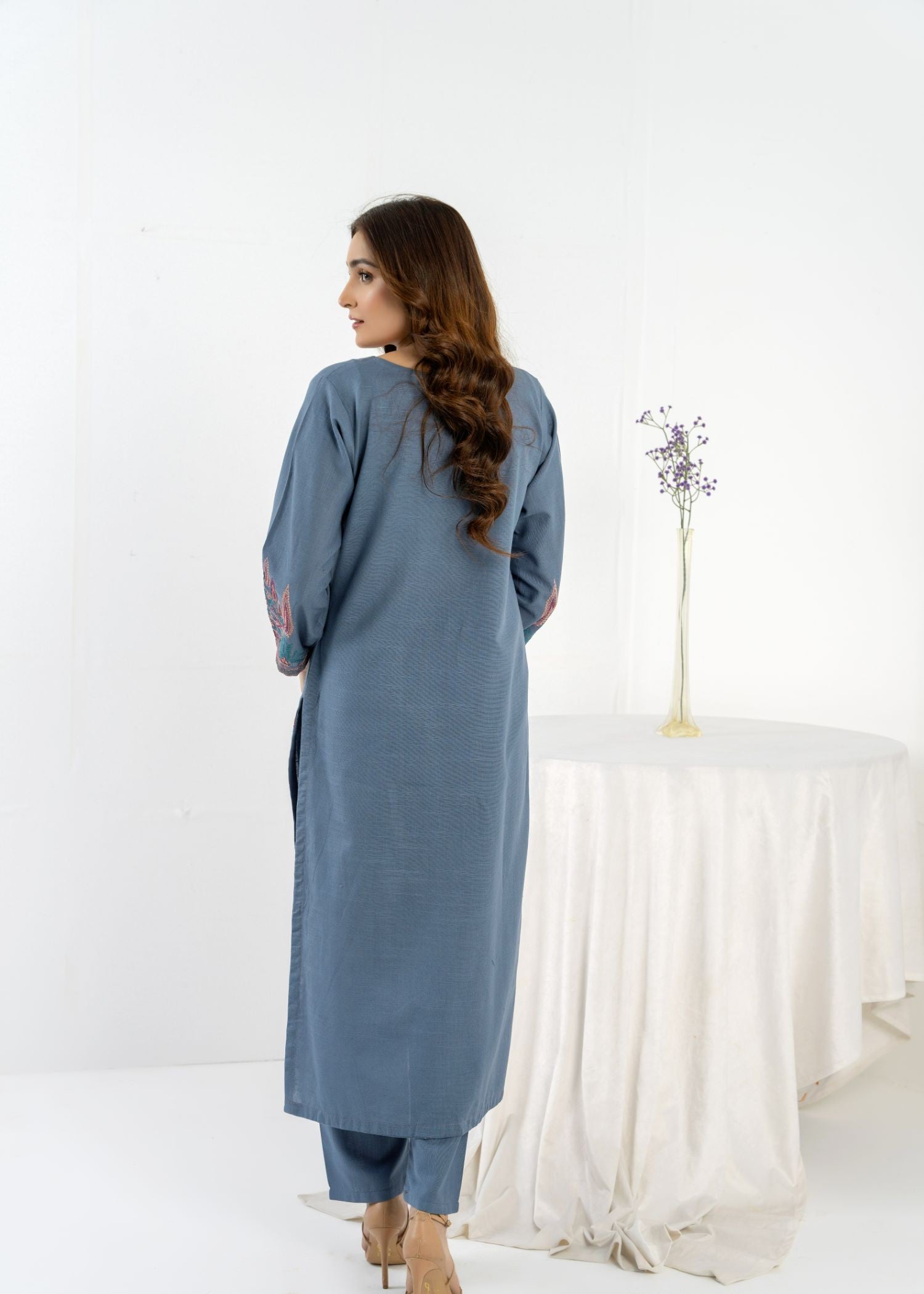 slub khaddar Kurta Set in Slate grey