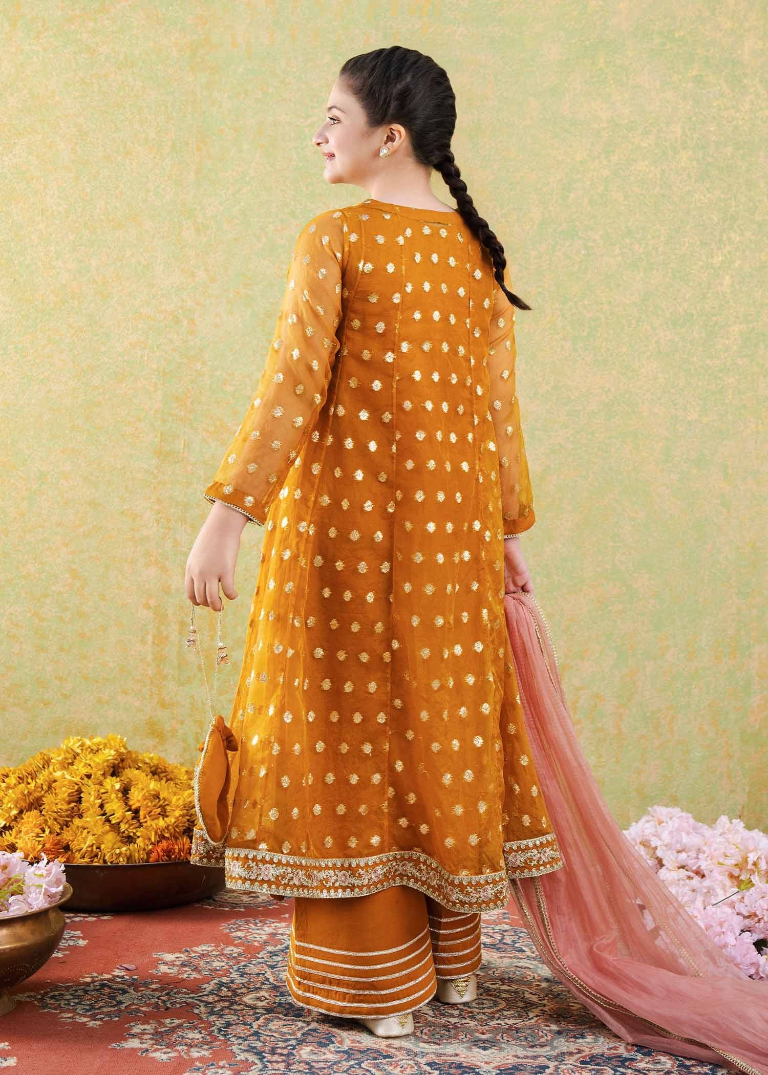 zari organza Pishwas in Mustard
