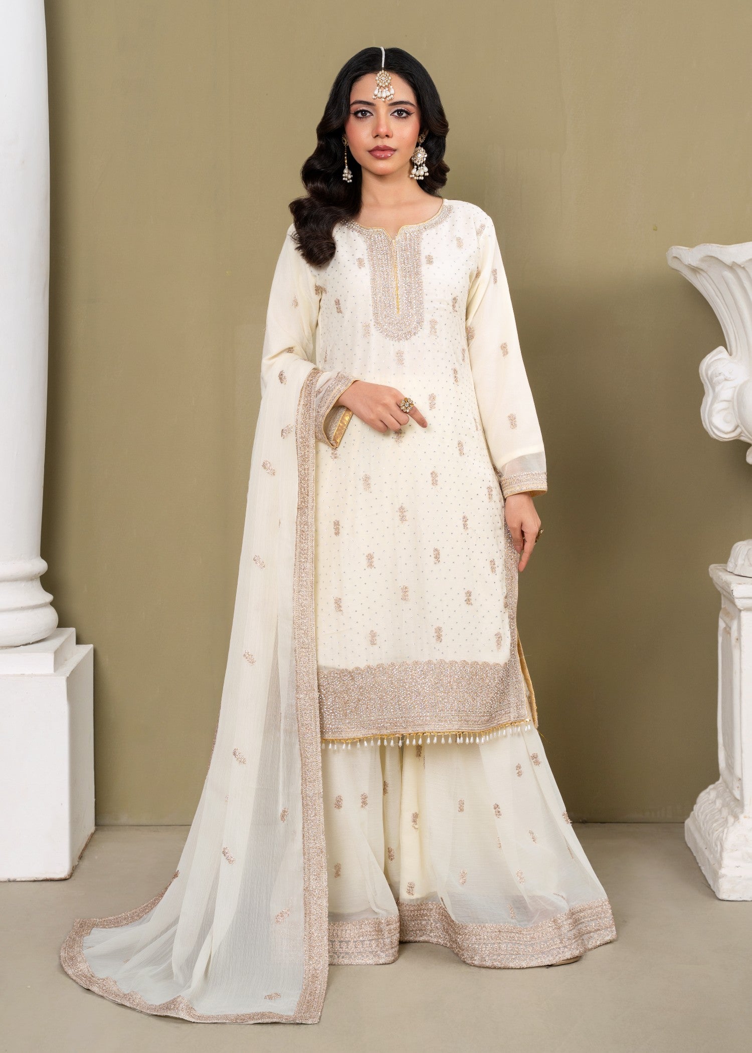 chiffon Gharara in Cream