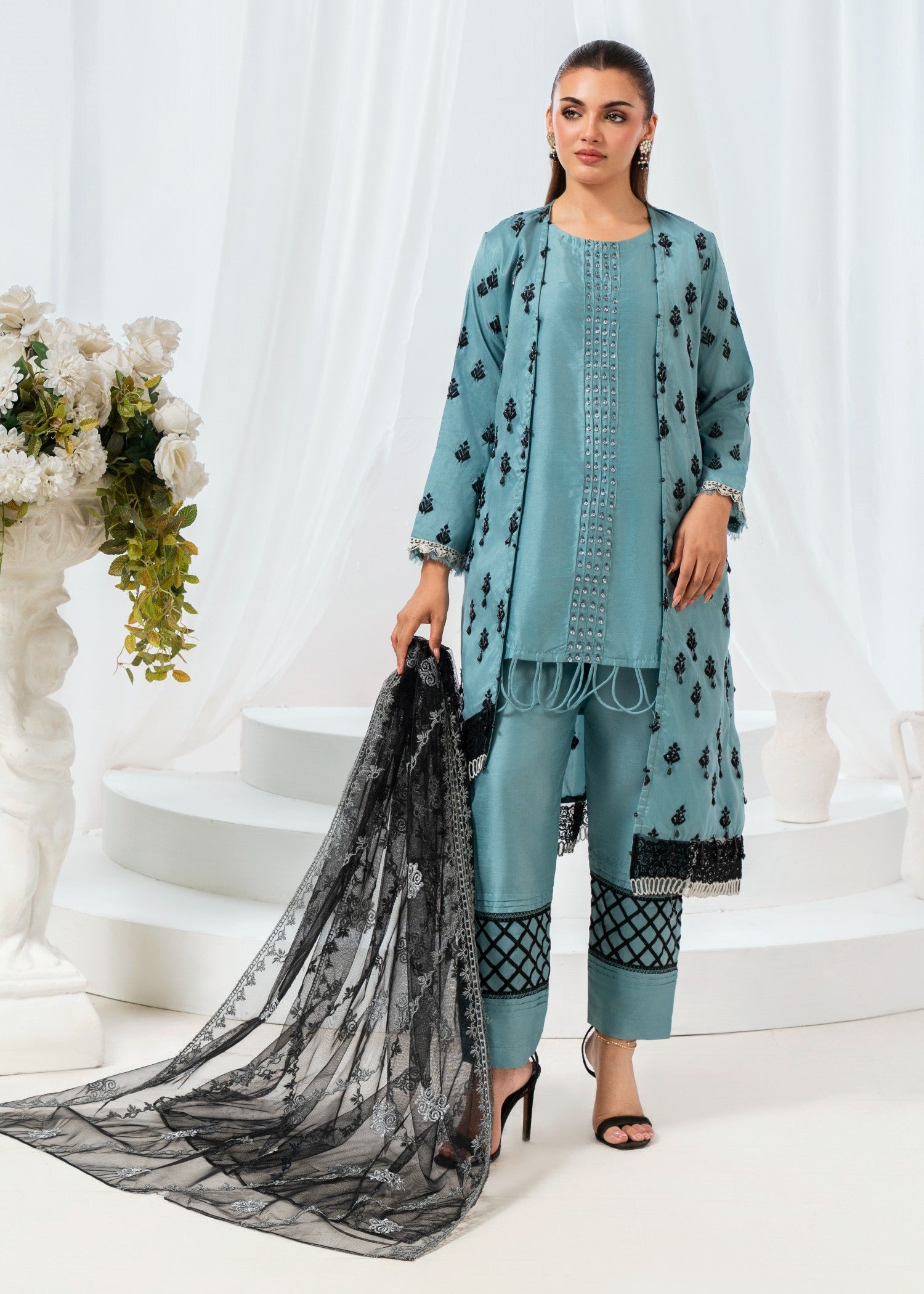 raw silk Gown in Pacific blue