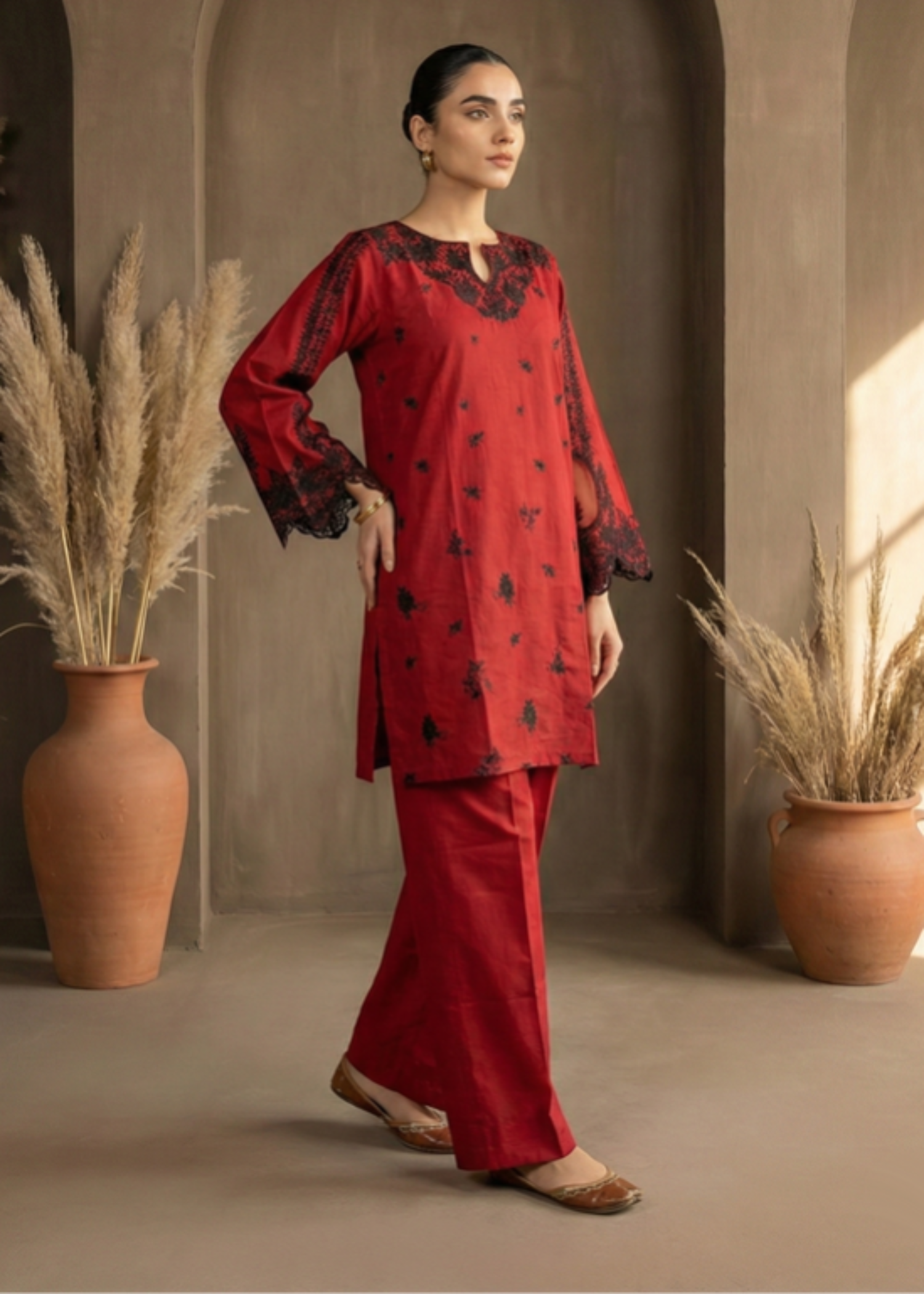 cotton dobby Kurta Set in Blood red