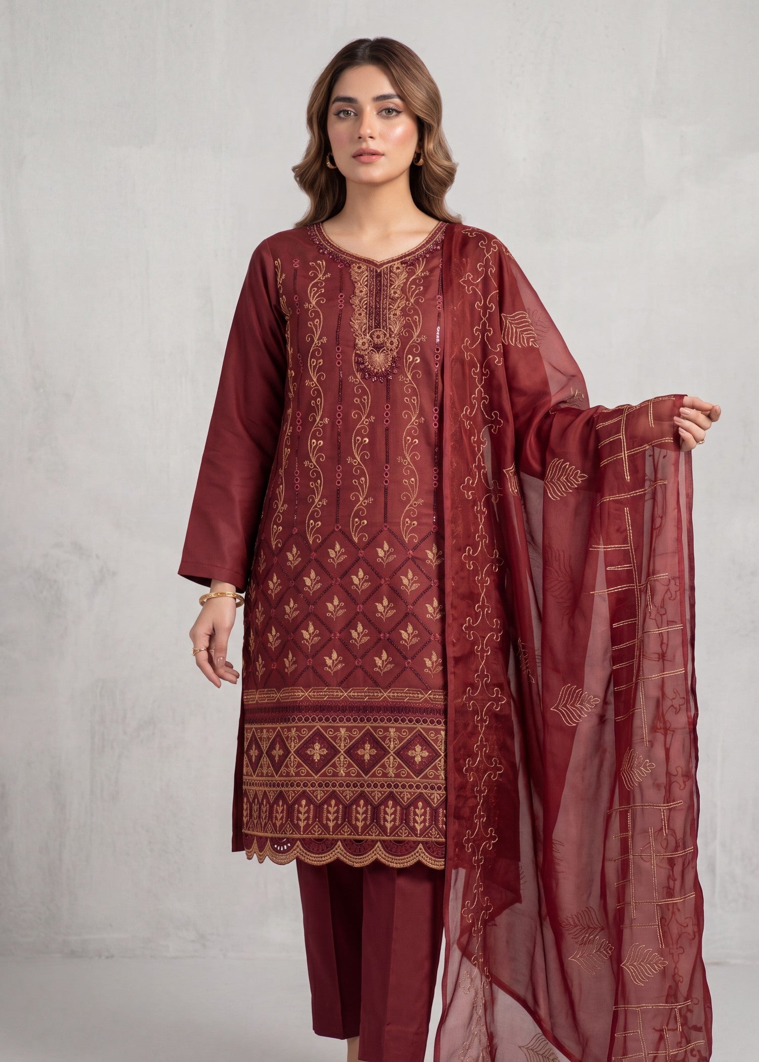 lawn Unstitched in Maroon