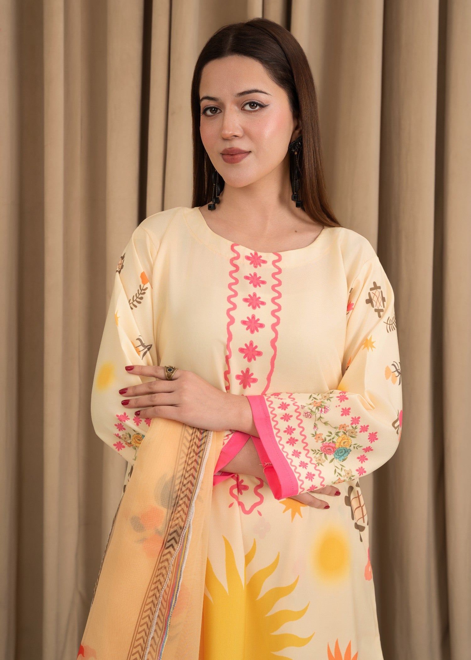 silk crepe Kurta Set in Cream