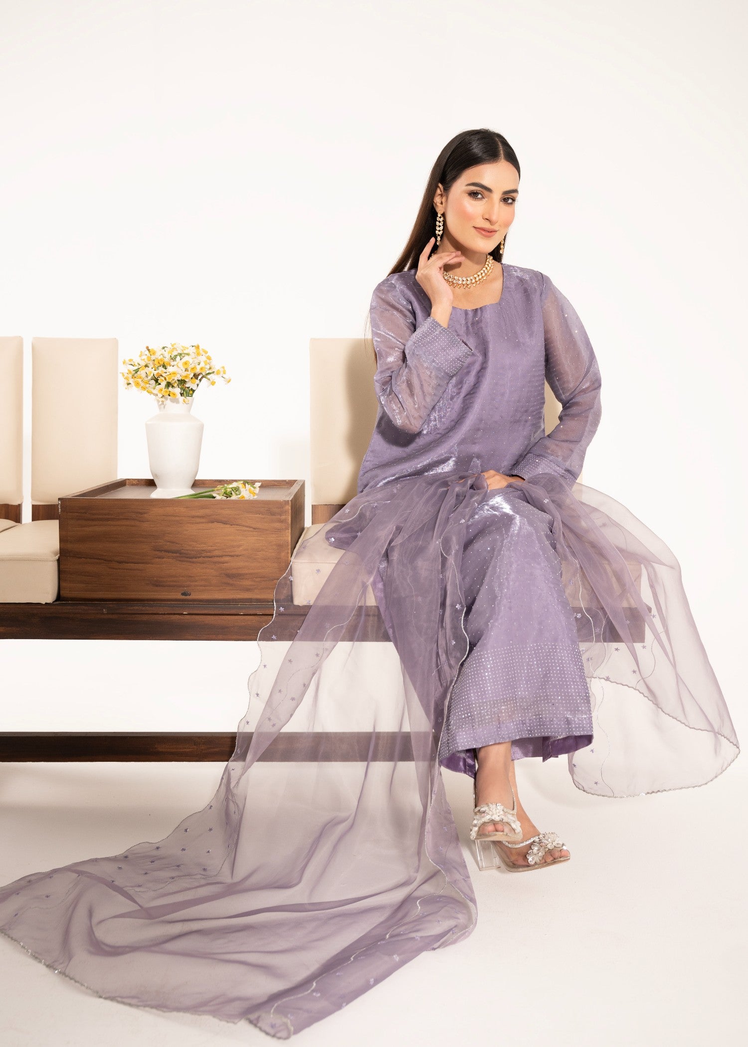 silk tissue Kurta Set in Lavender